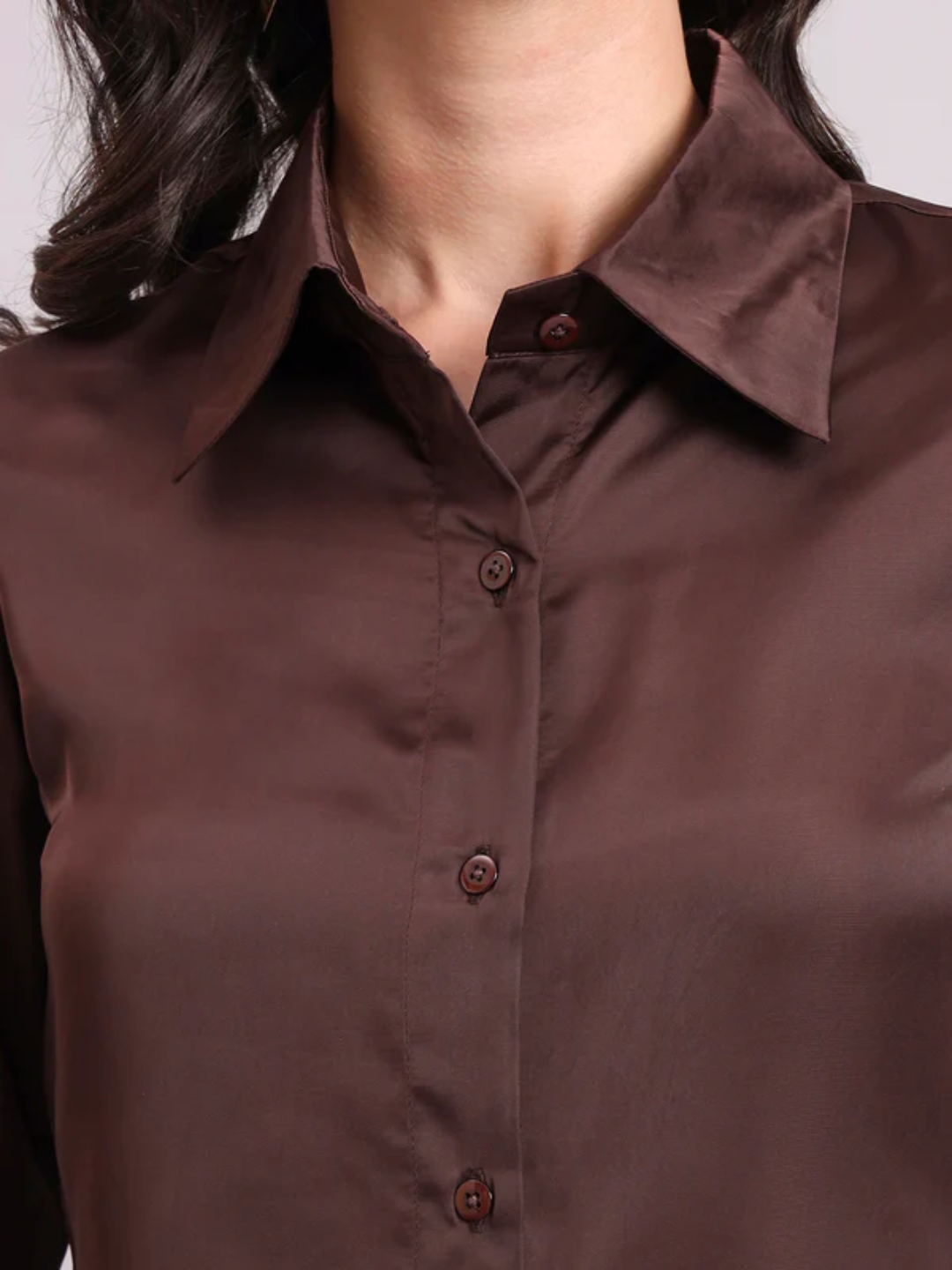 Women Chocolate Brown Satin Long Sleeve Button-Up Shirt