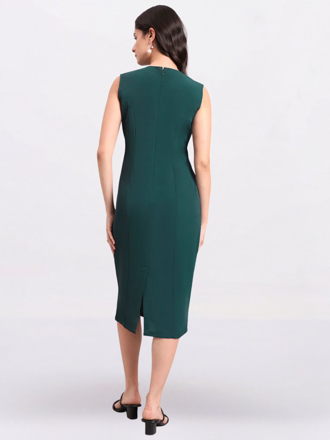 Women Dark Green Princess Panel A-Line Stretch Midi Dress