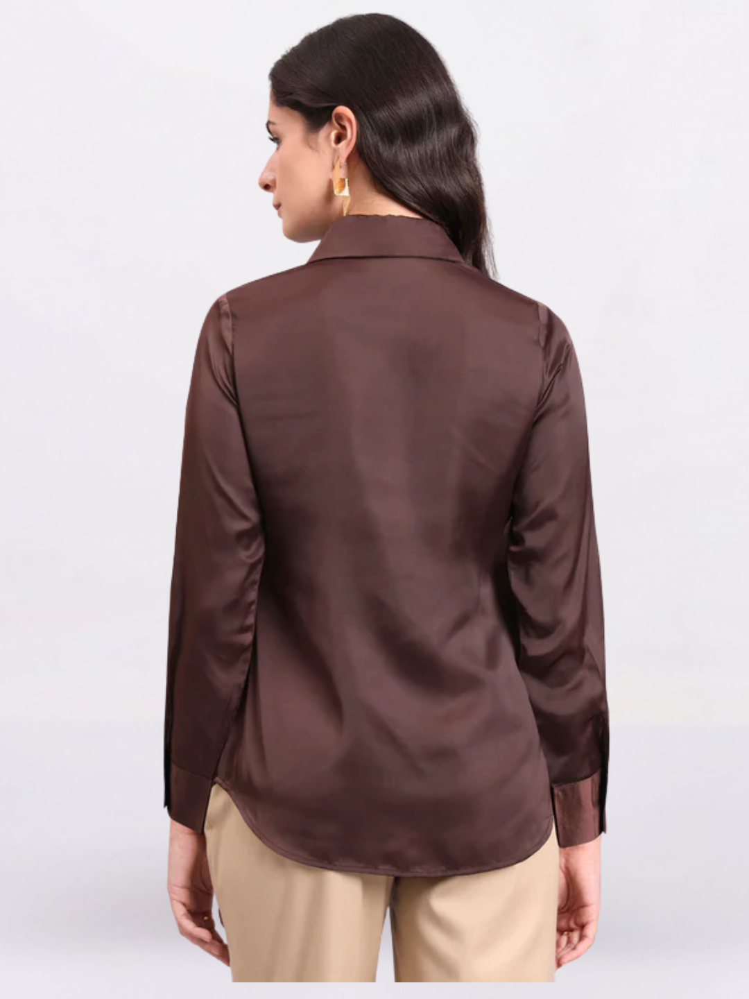 Women Chocolate Brown Satin Long Sleeve Button-Up Shirt