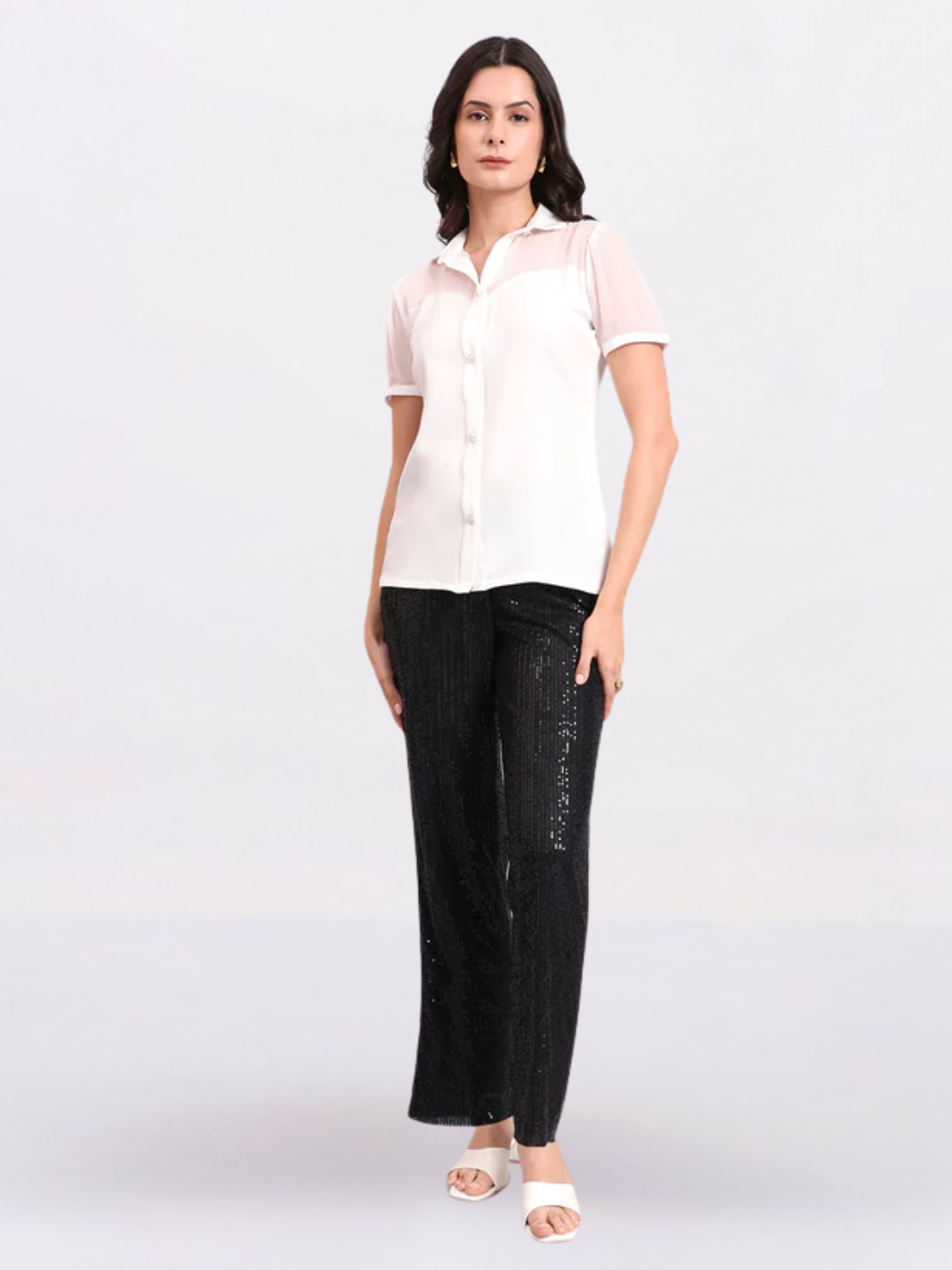 Women White Crepe Shirt With Fancy Button And Sheer Details