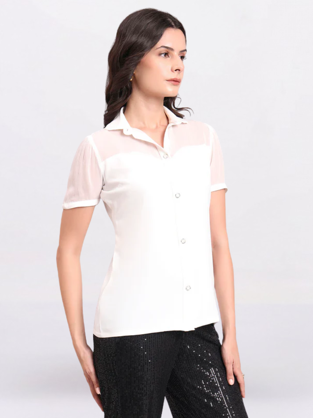 Women White Crepe Shirt With Fancy Button And Sheer Details
