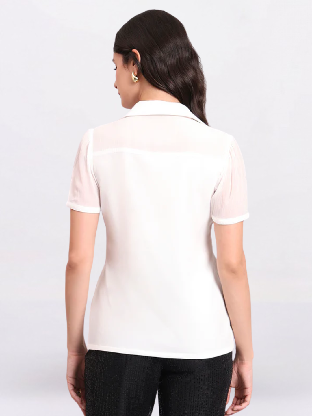 Women White Crepe Shirt With Fancy Button And Sheer Details