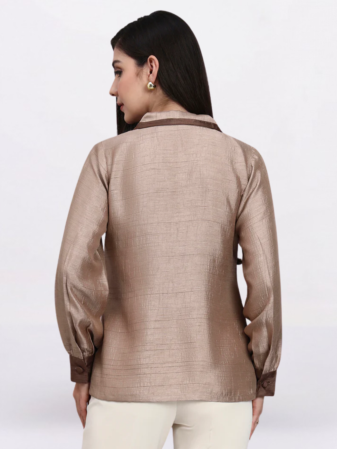 Women Brown Contrast Collar Detailing Top