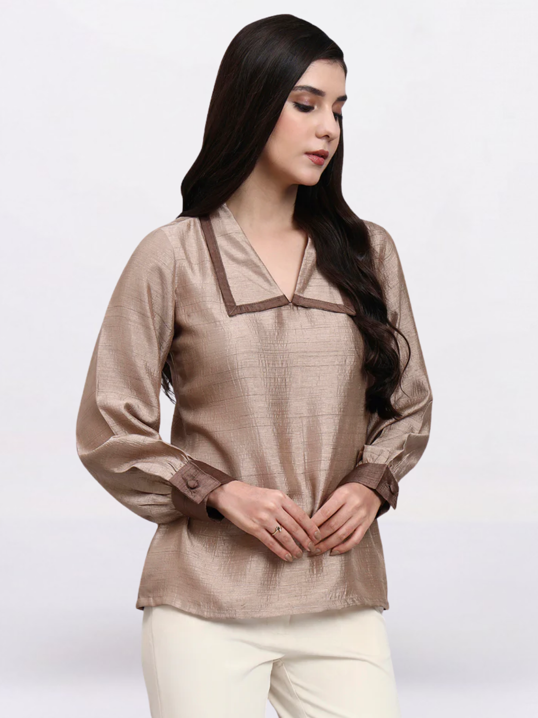 Women Brown Contrast Collar Detailing Top