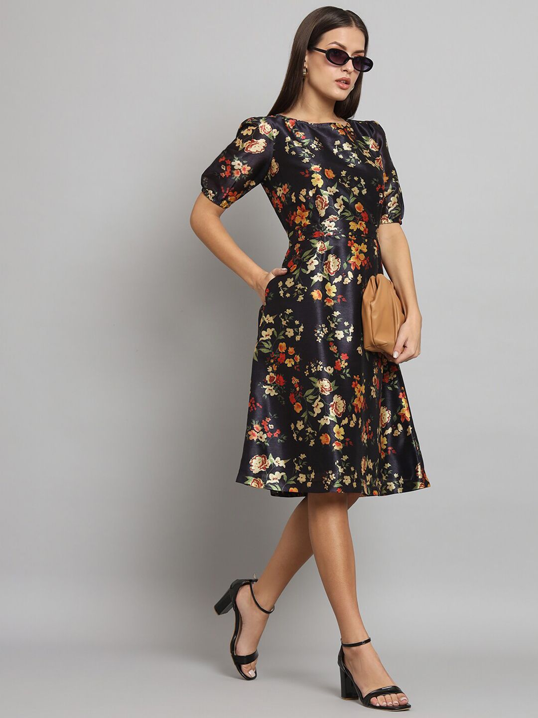 Women Black Floral Printed Fit & Flare Dress