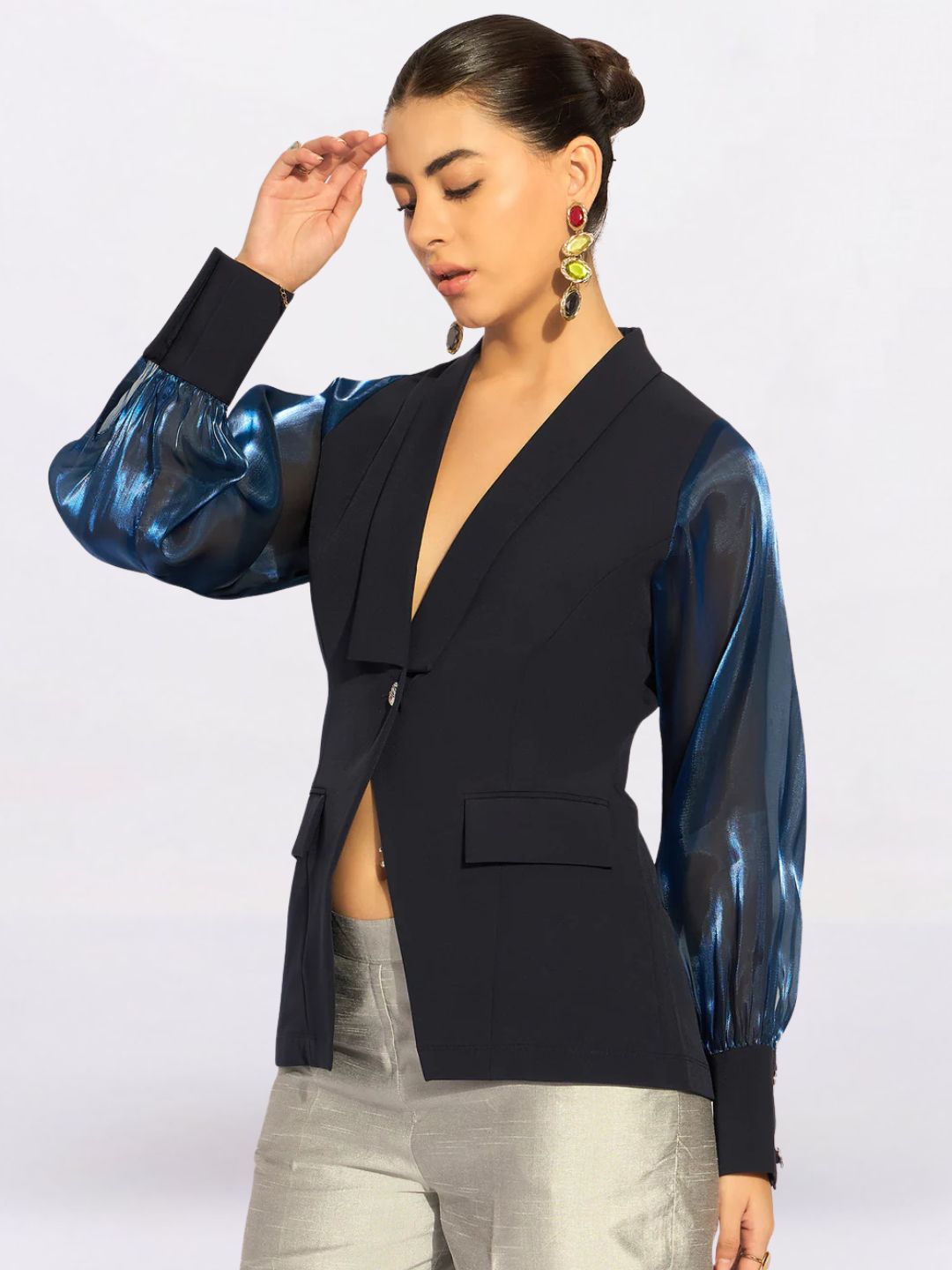 Women Blue Lapel Collar Long Sleeves Shirt Style Top