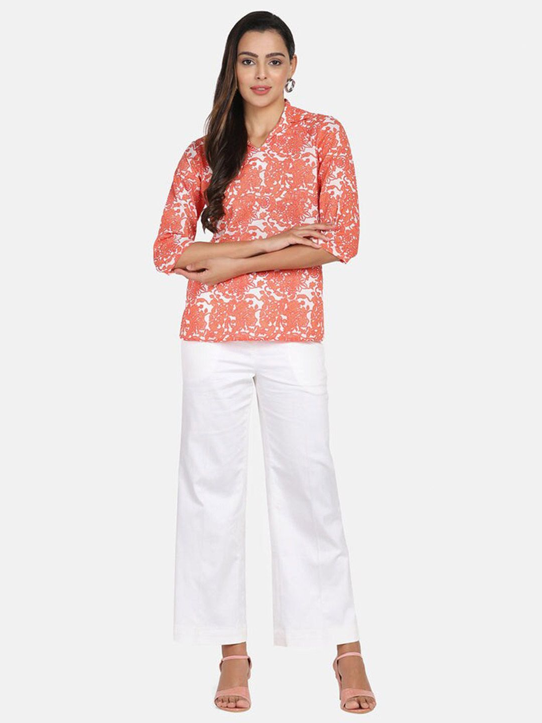 Printed Cotton Top - Orange &. White