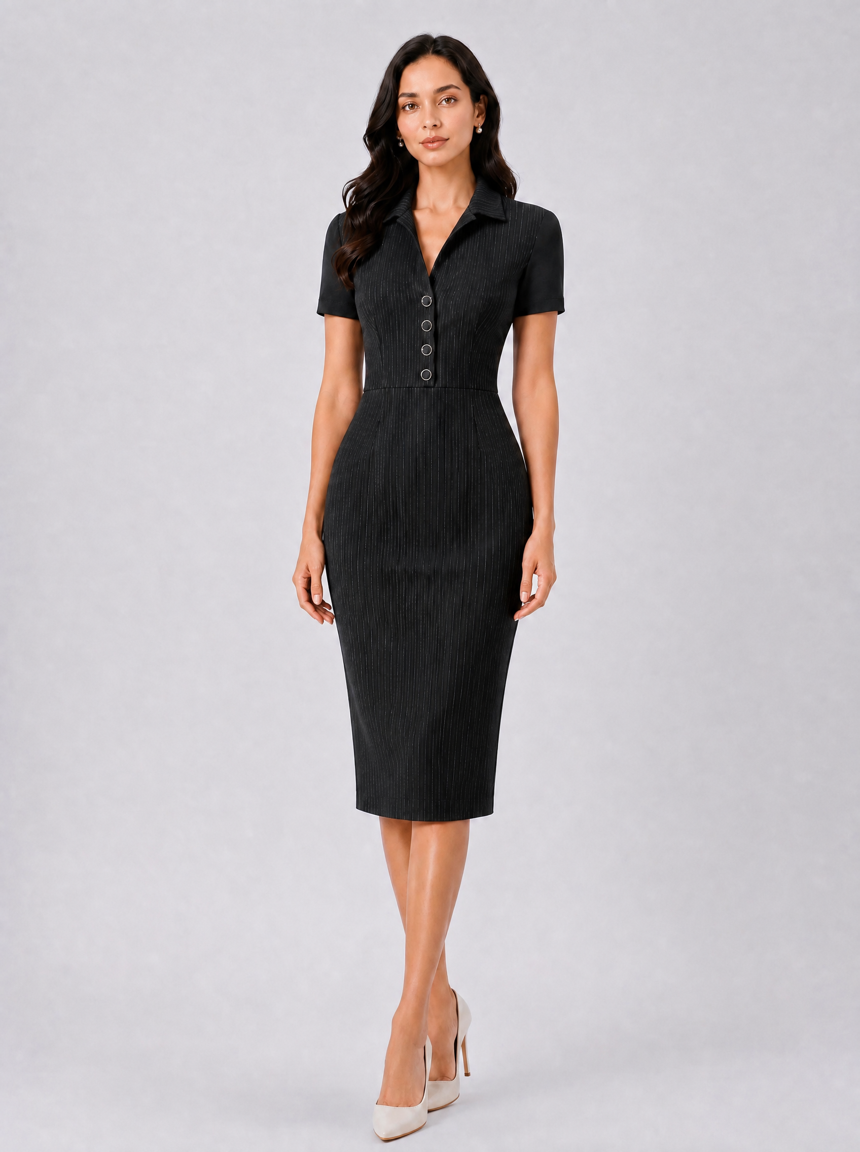 Women Black Pinstripe Sheath Dress