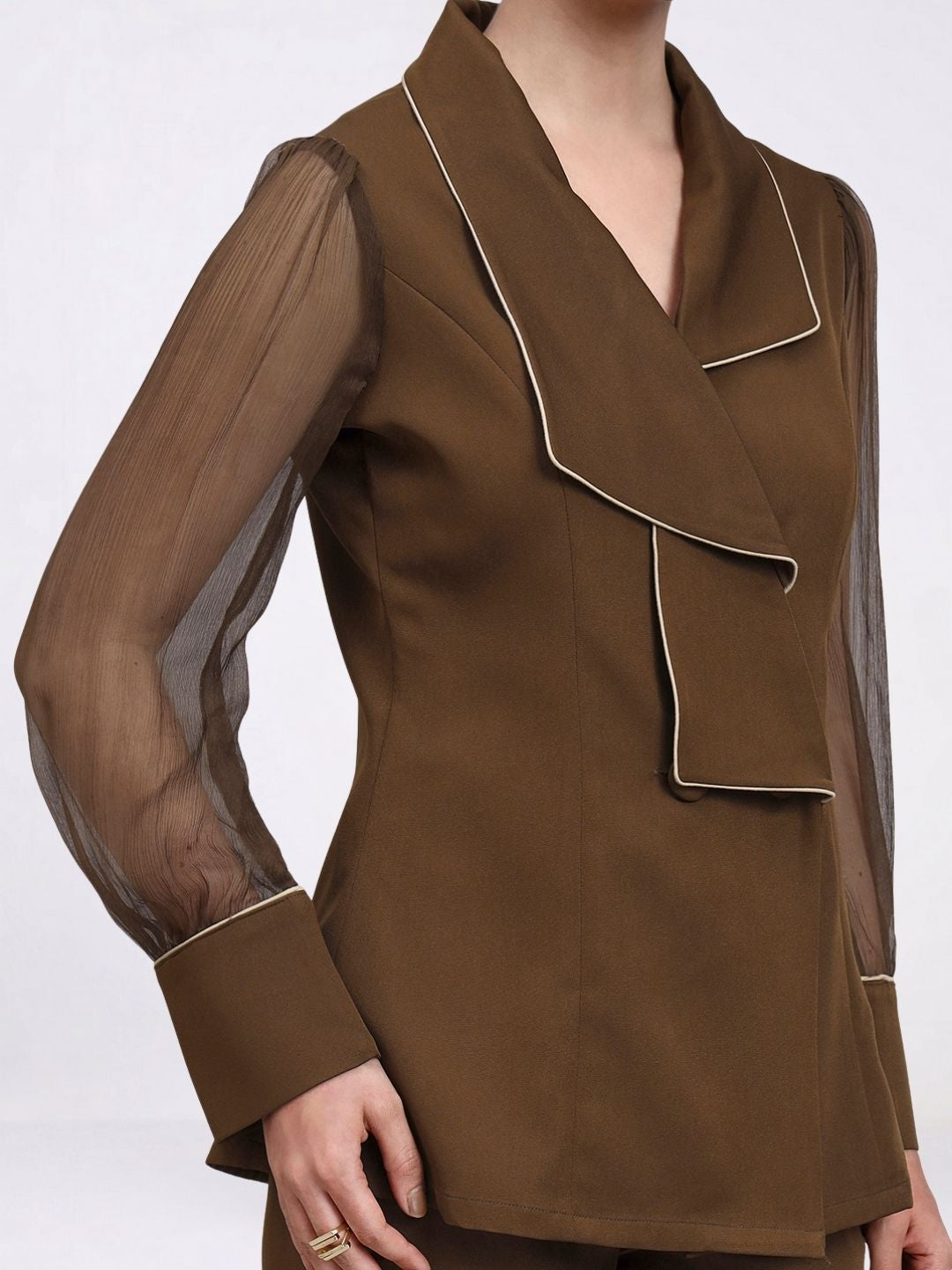 Women Brown Stretch Collared Co-Ord Set
