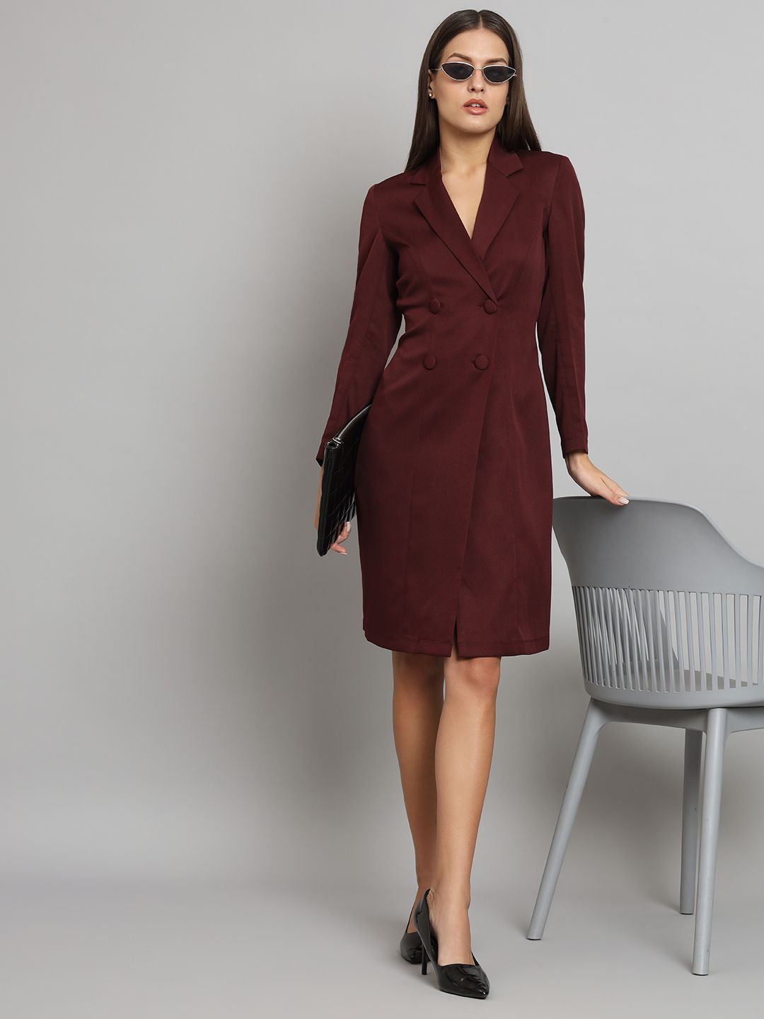 Women Stretch Blazer Dress- Maroon