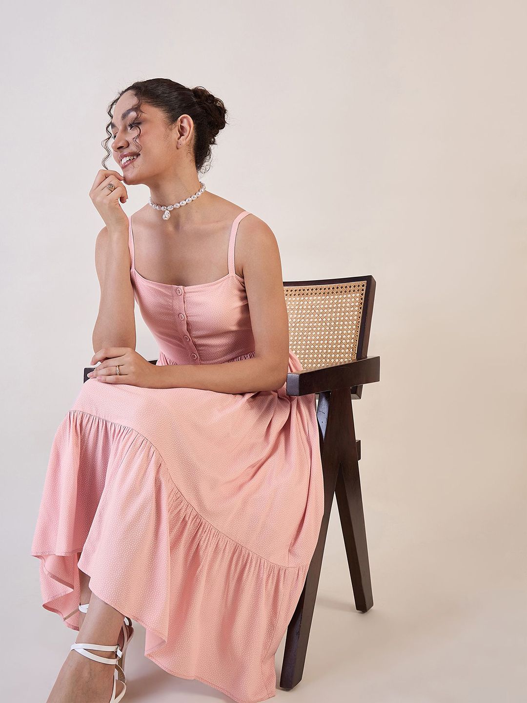 Women Pink Dotted Strappy Fit And Flare Dress Women Pink Dotted Strappy Fit And Flare Dress
