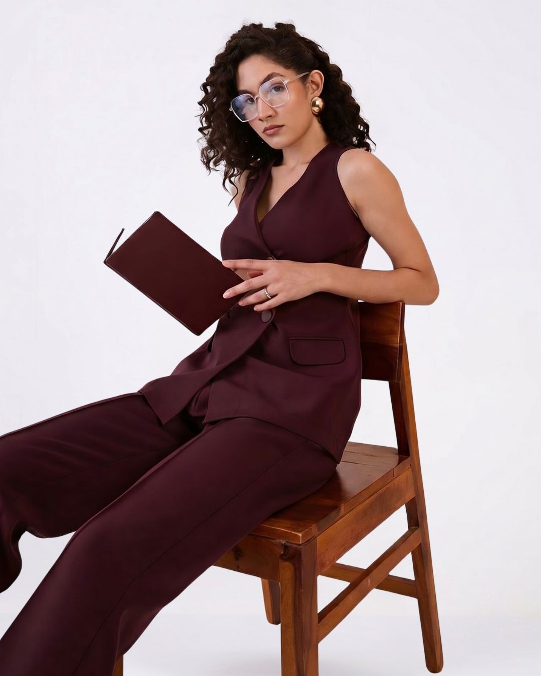 Women Wine Double Breasted Co-ord Set