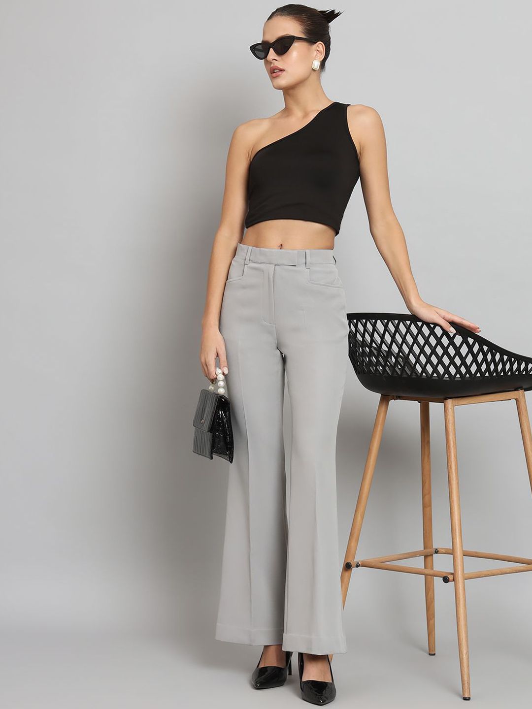 Women Relaxed Flared Mid-Rise Bell Bottom Stretch Trouser