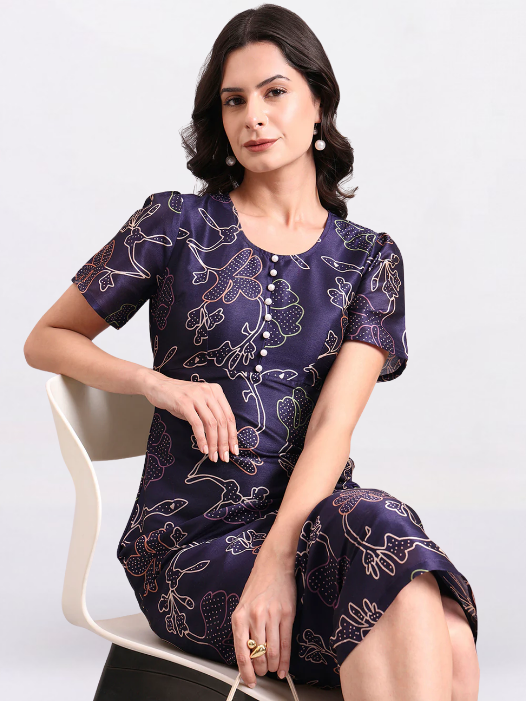 Women Blue Floral Round-Neck A-Line Maxi Dress