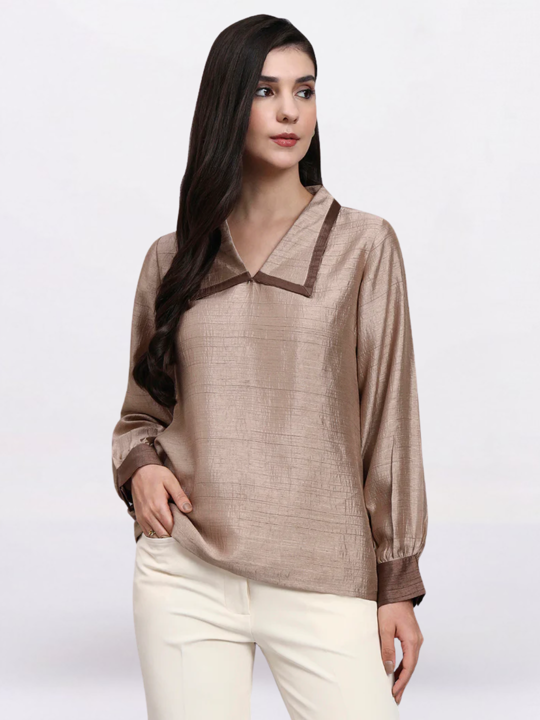 Women Brown Contrast Collar Detailing Top