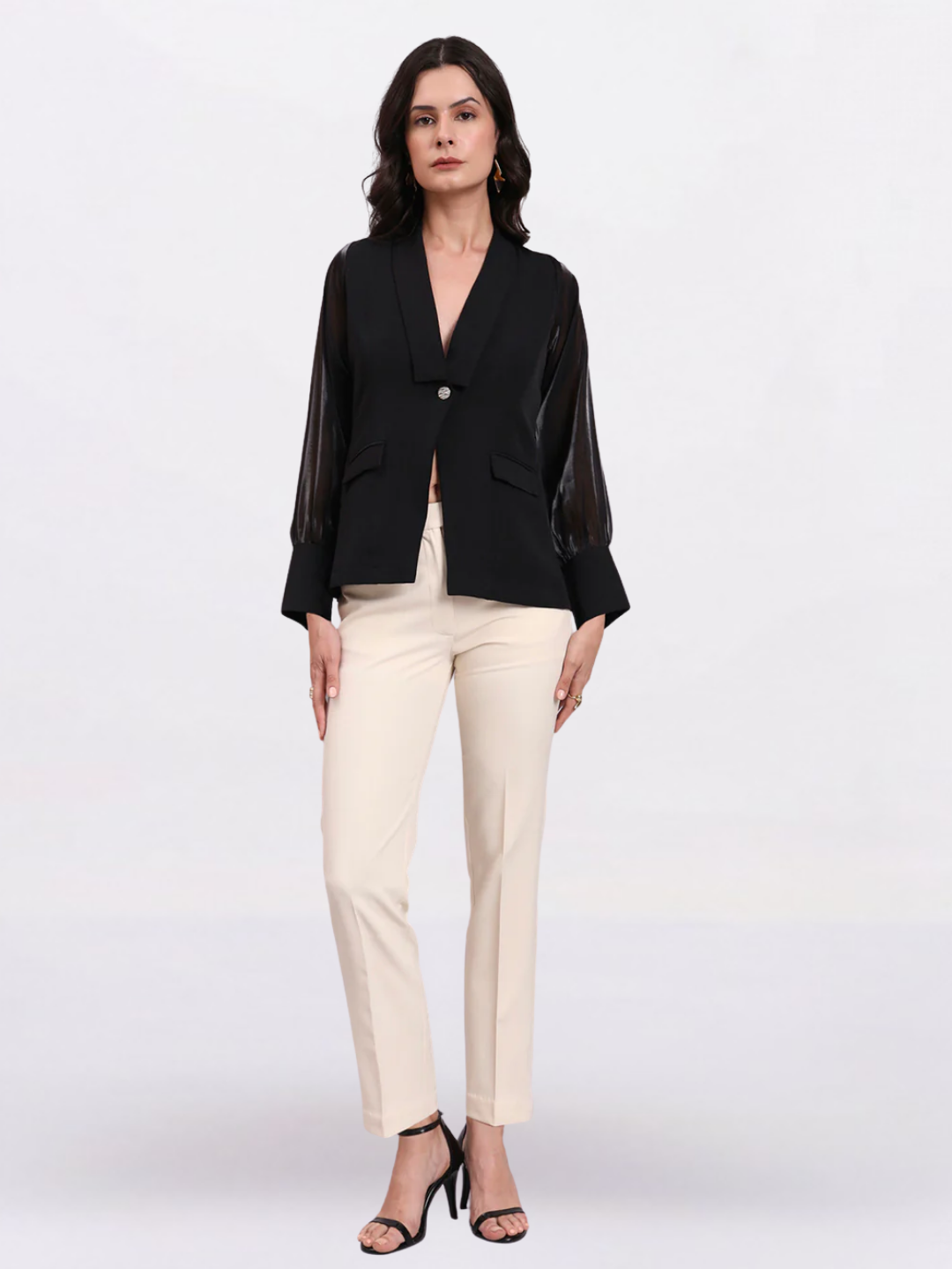 Women Black Shawl Collar Top With Sheer Balloon Sleeves And Fancy Buttons Detailed