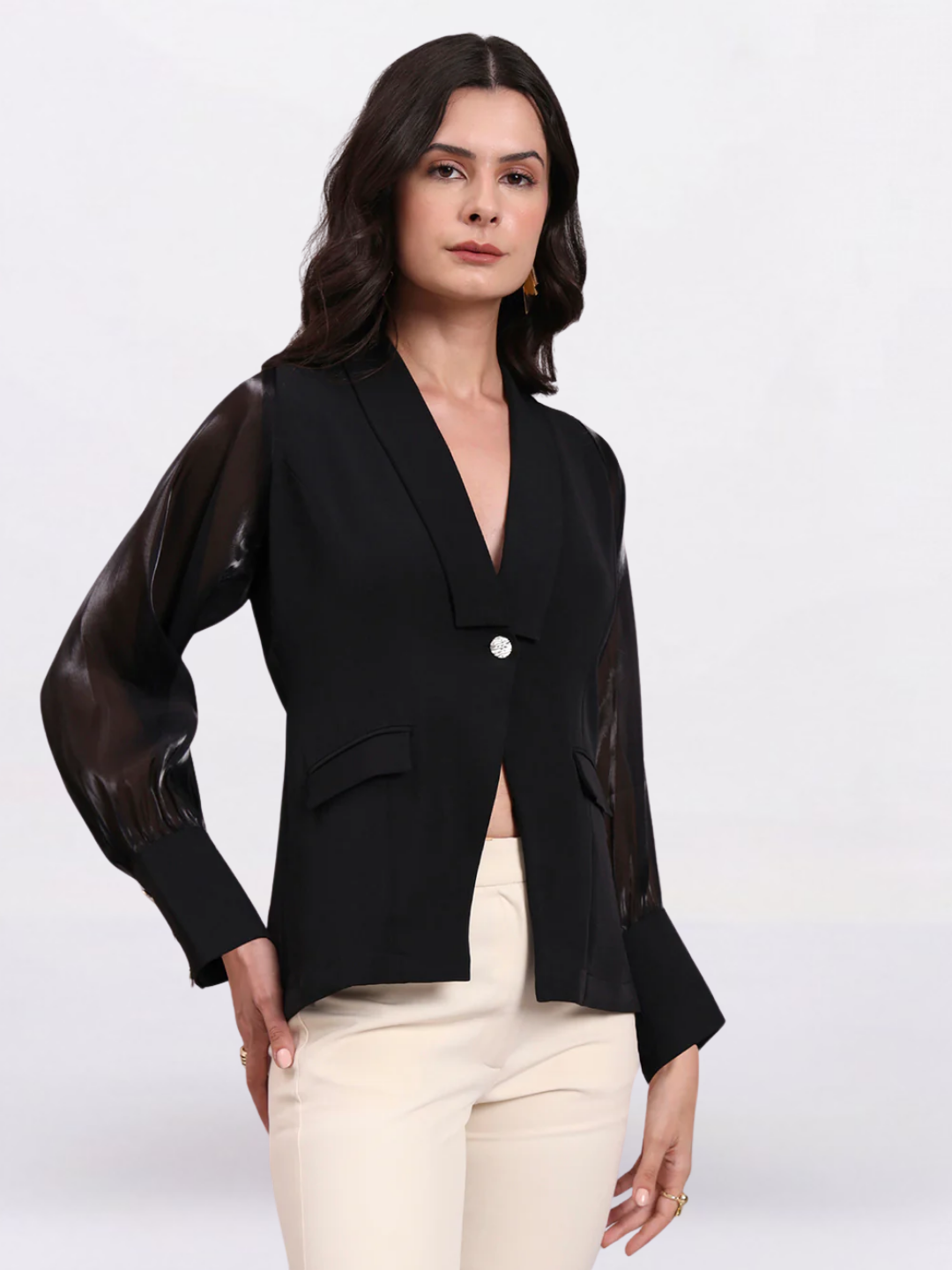 Women Black Shawl Collar Top With Sheer Balloon Sleeves And Fancy Buttons Detailed