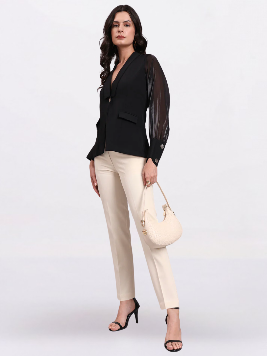 Women Black Shawl Collar Top With Sheer Balloon Sleeves And Fancy Buttons Detailed