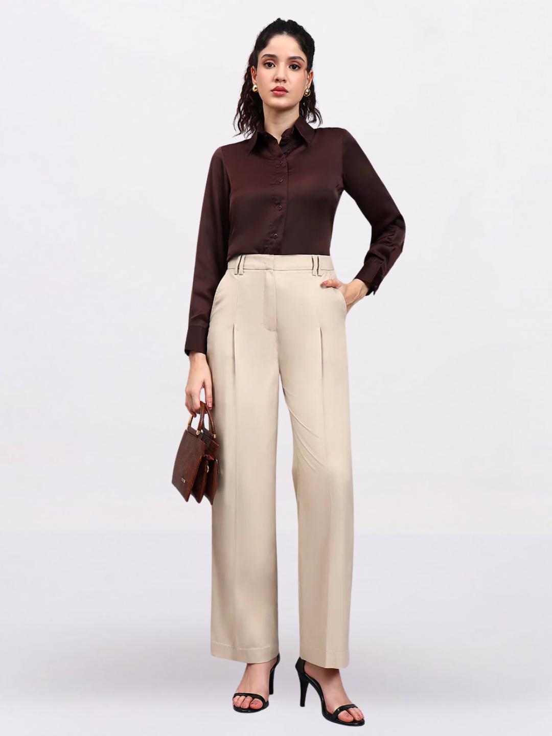 Women Light Beige High Waist Pleated Trouser