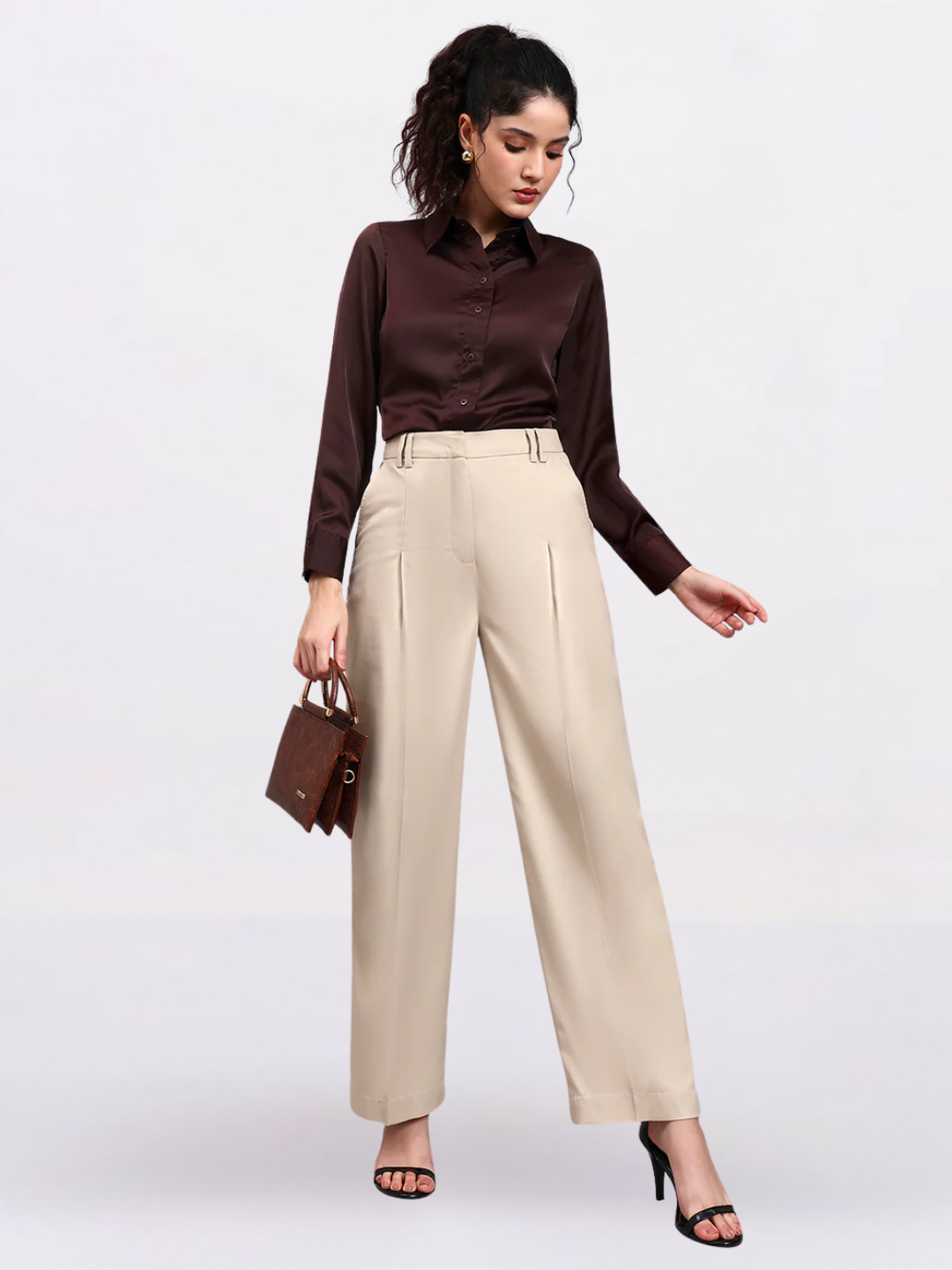 Women Light Beige High Waist Pleated Trouser