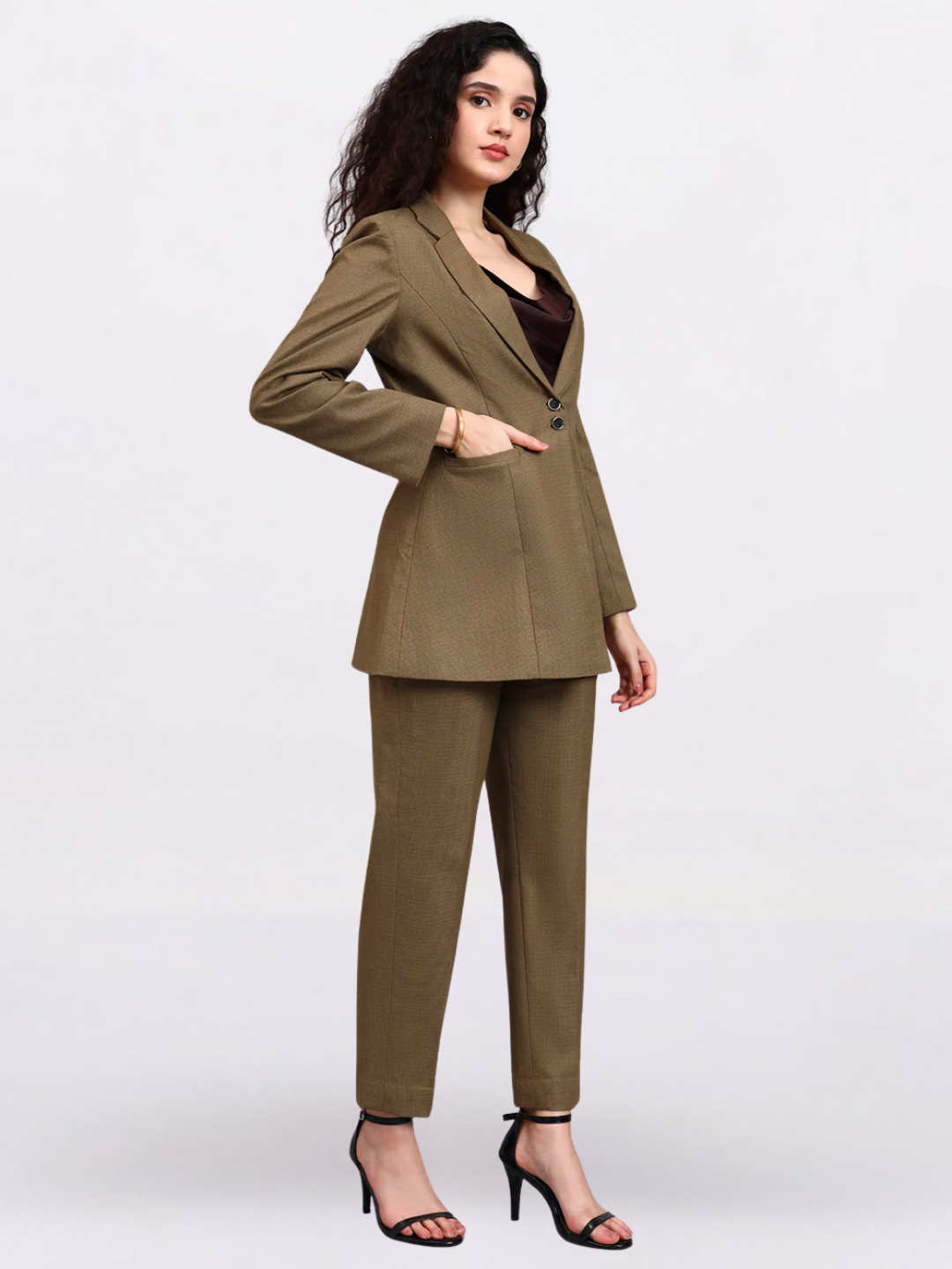 Women Beige Single Breasted Formal Pantsuit