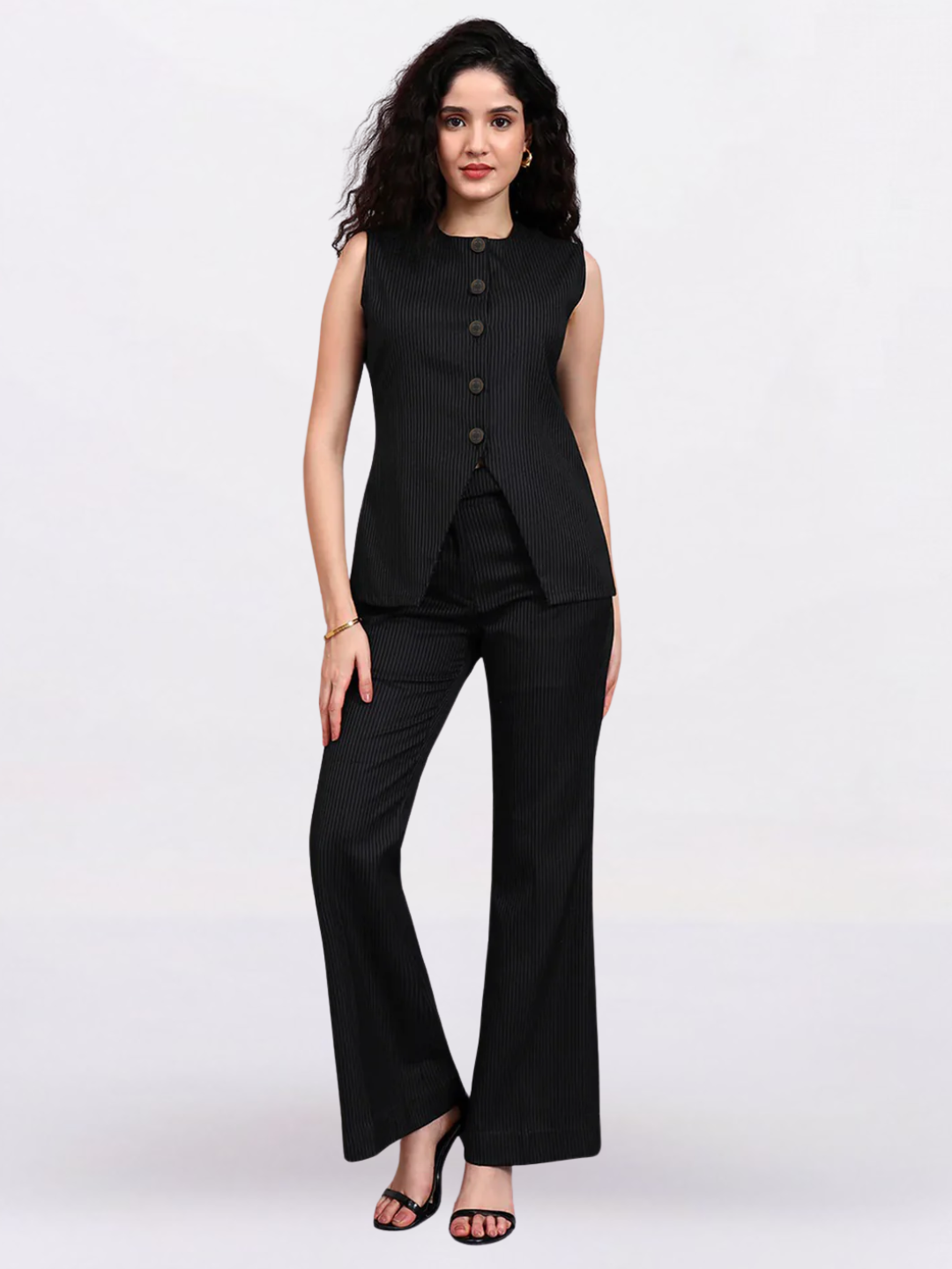 Women Black Sleek fit Pinstriped Co-Ord Set