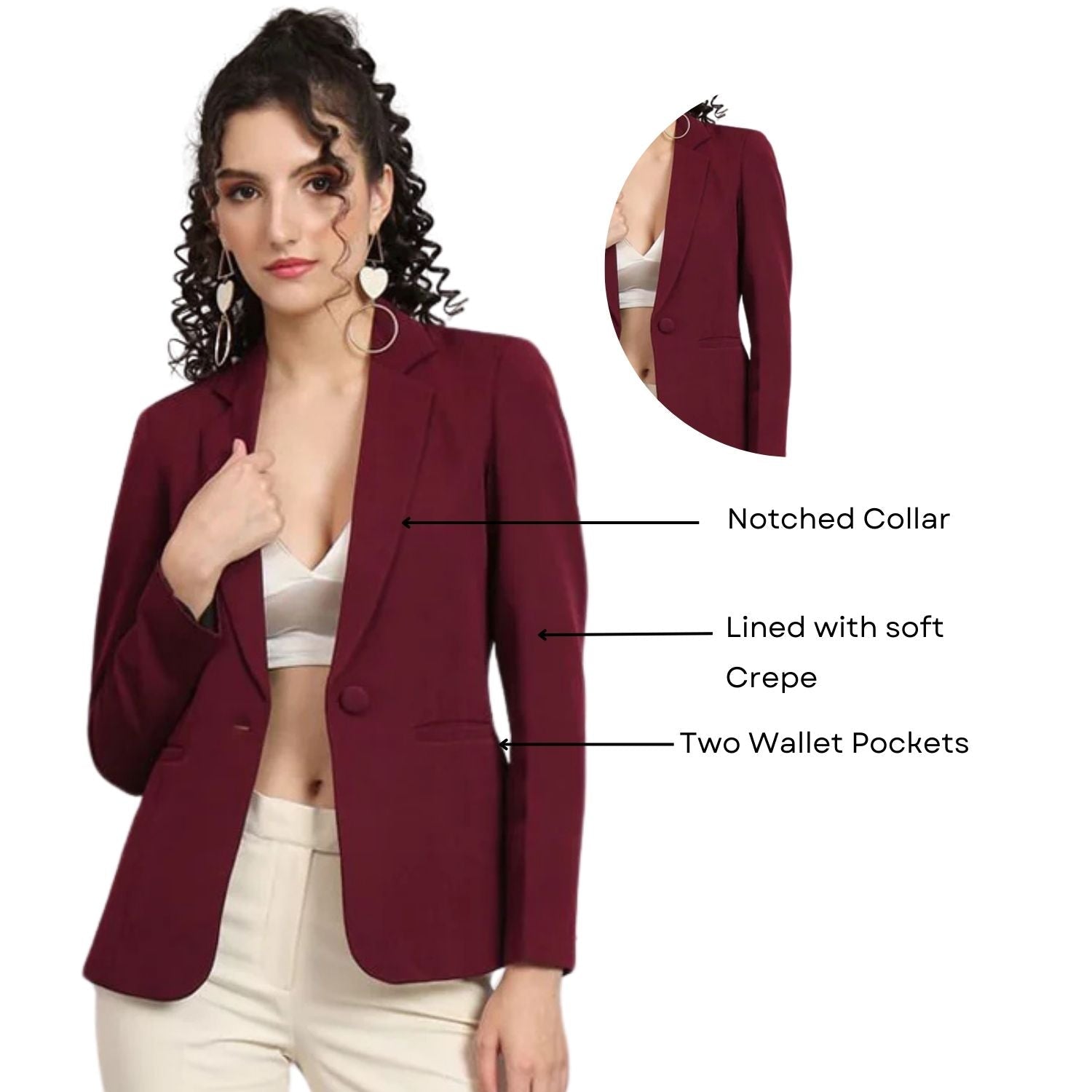 Notched Collar Blazer - Maroon