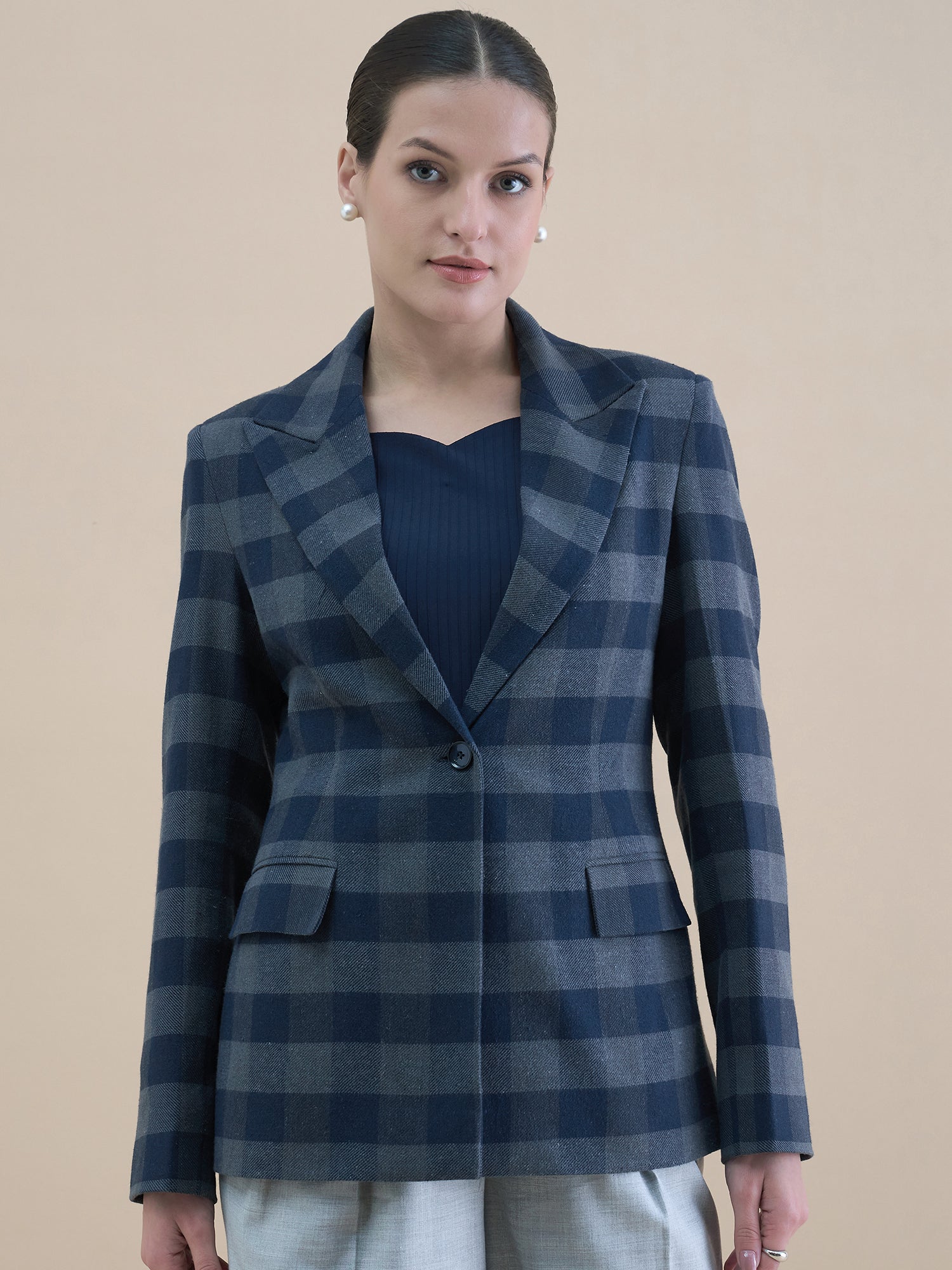 Single Breasted Checkered Wool Blend Notch Collar Blazer
