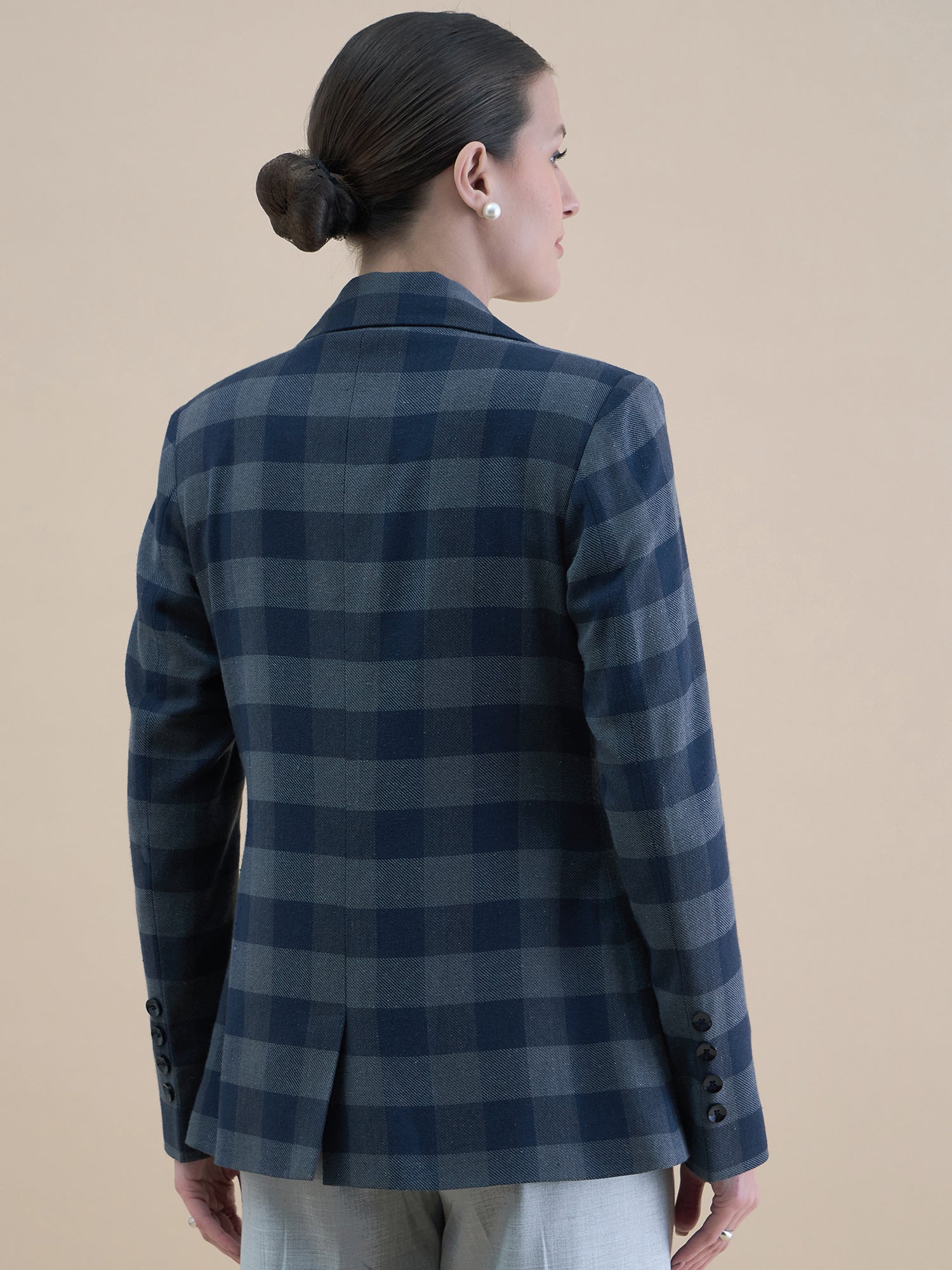 Single Breasted Checkered Wool Blend Notch Collar Blazer