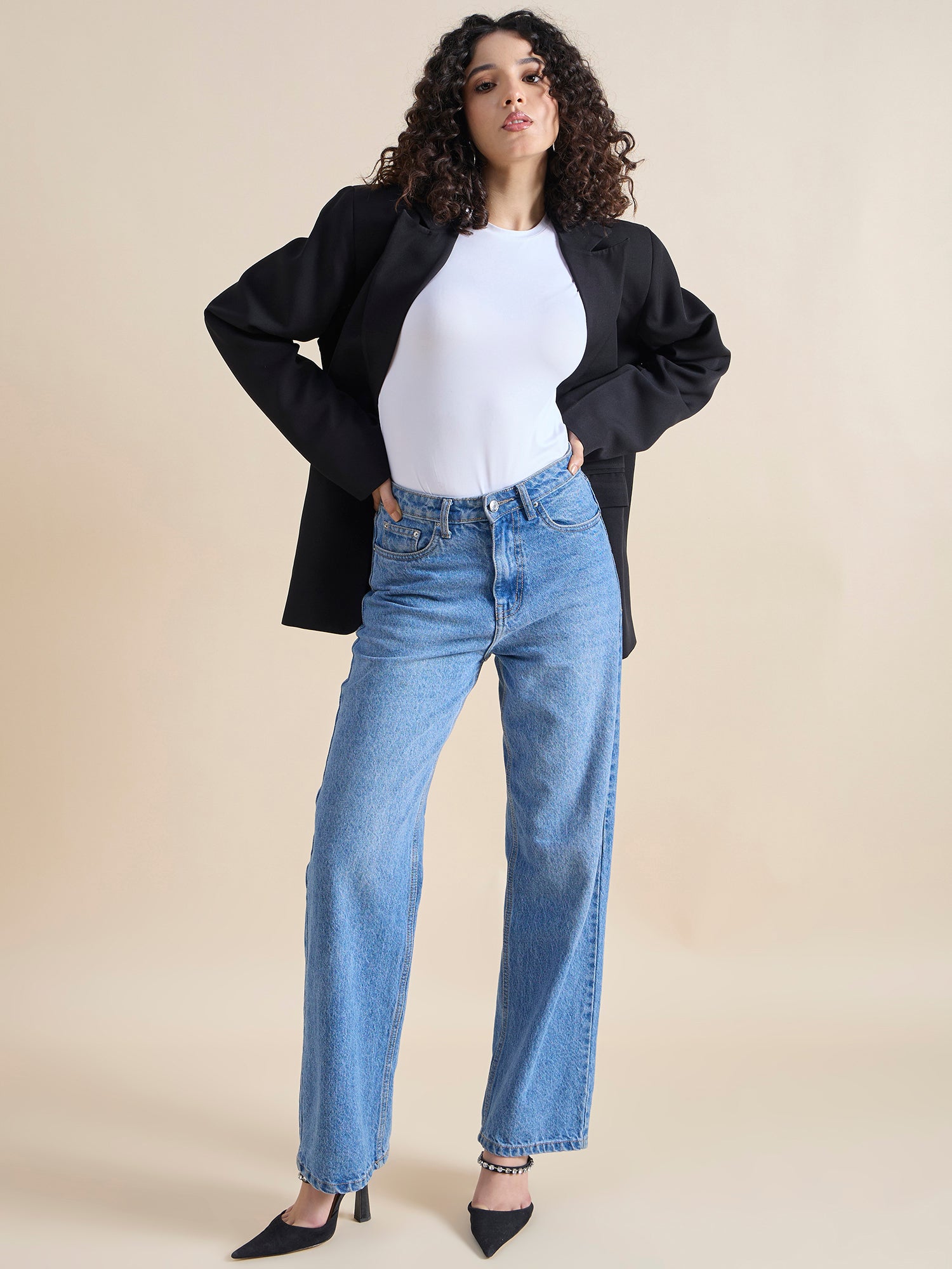 Women Oversized Fit Single Breasted Notched Lapel Collar Blazer