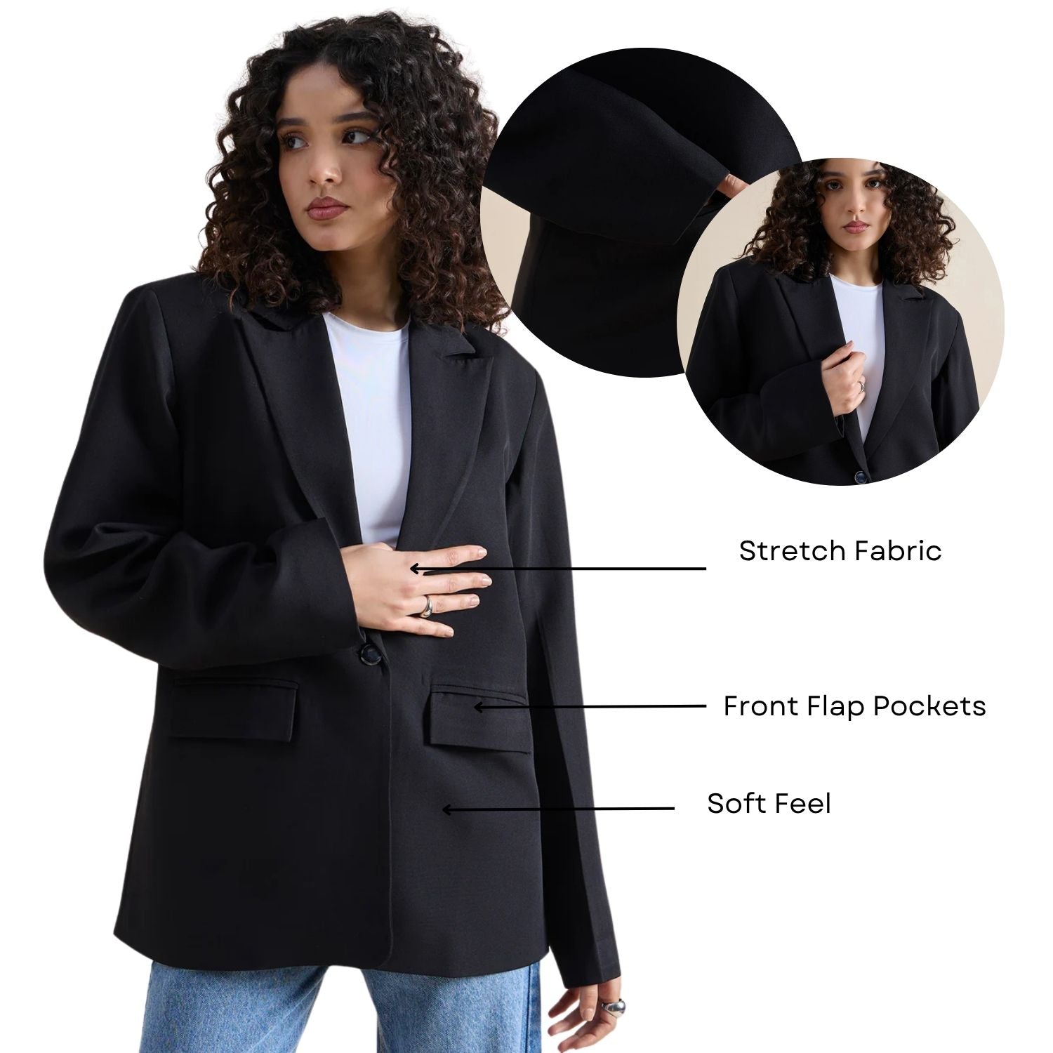 Women Oversized Fit Single Breasted Notched Lapel Collar Blazer