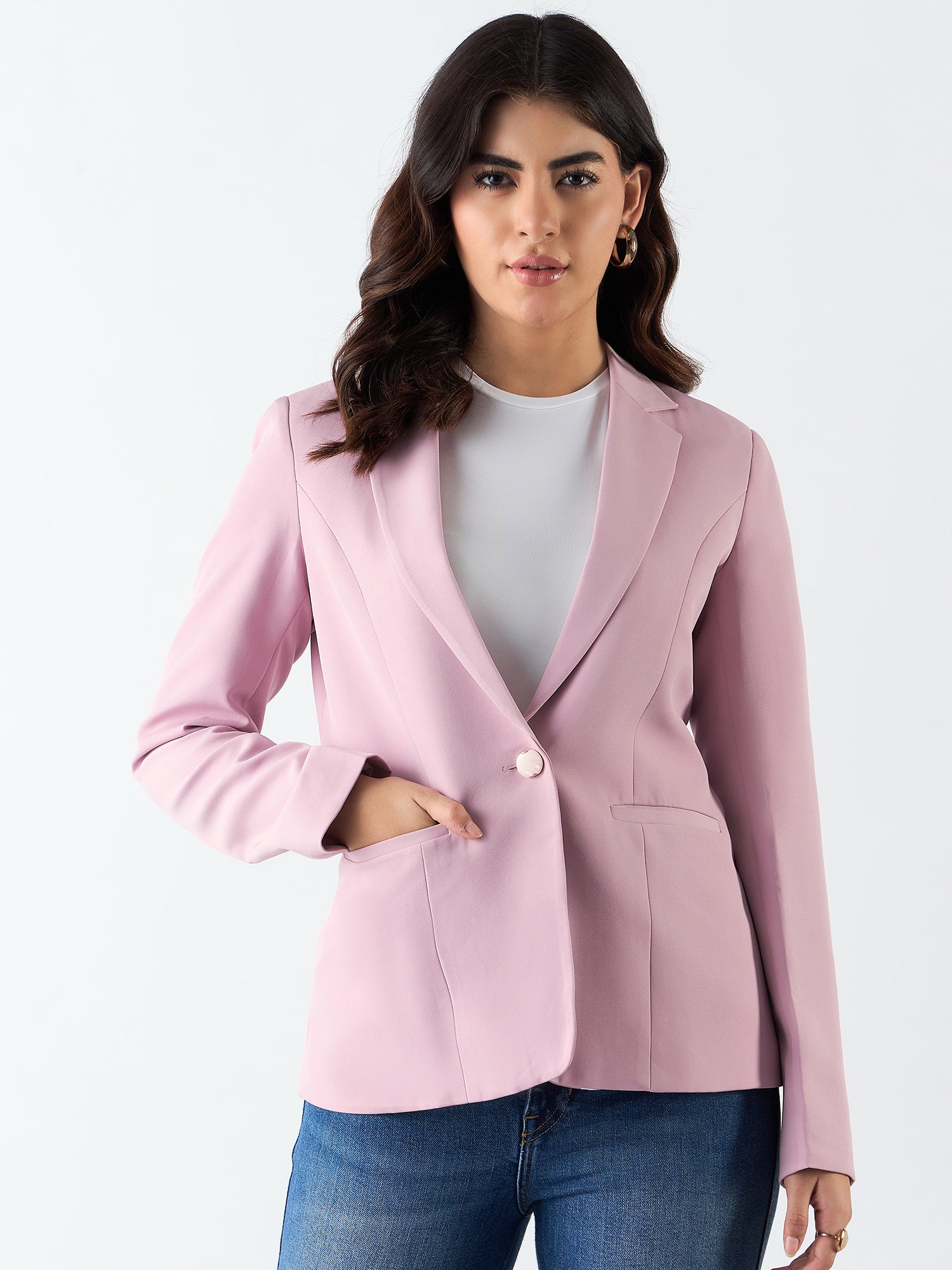 Women Notched Lapel Collar Tailored-Fit Single-Breasted Blazer