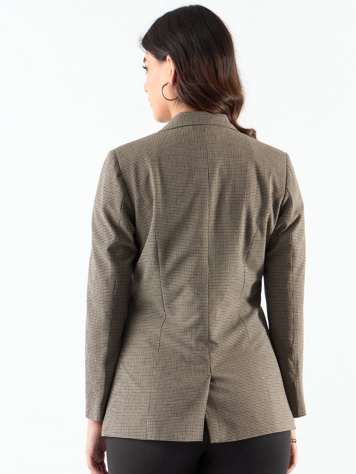 Beige Macro-Check Notched Lapel Refined Blazer in 4-Way Stretch Fabric