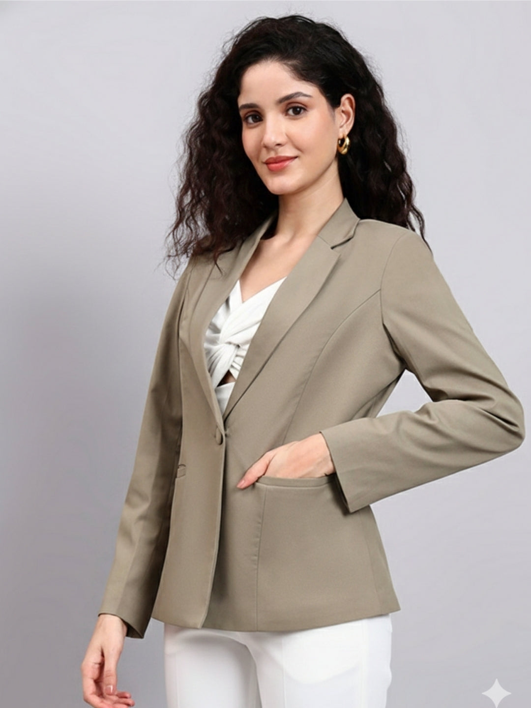 Women Green Notched Lapel Blazer