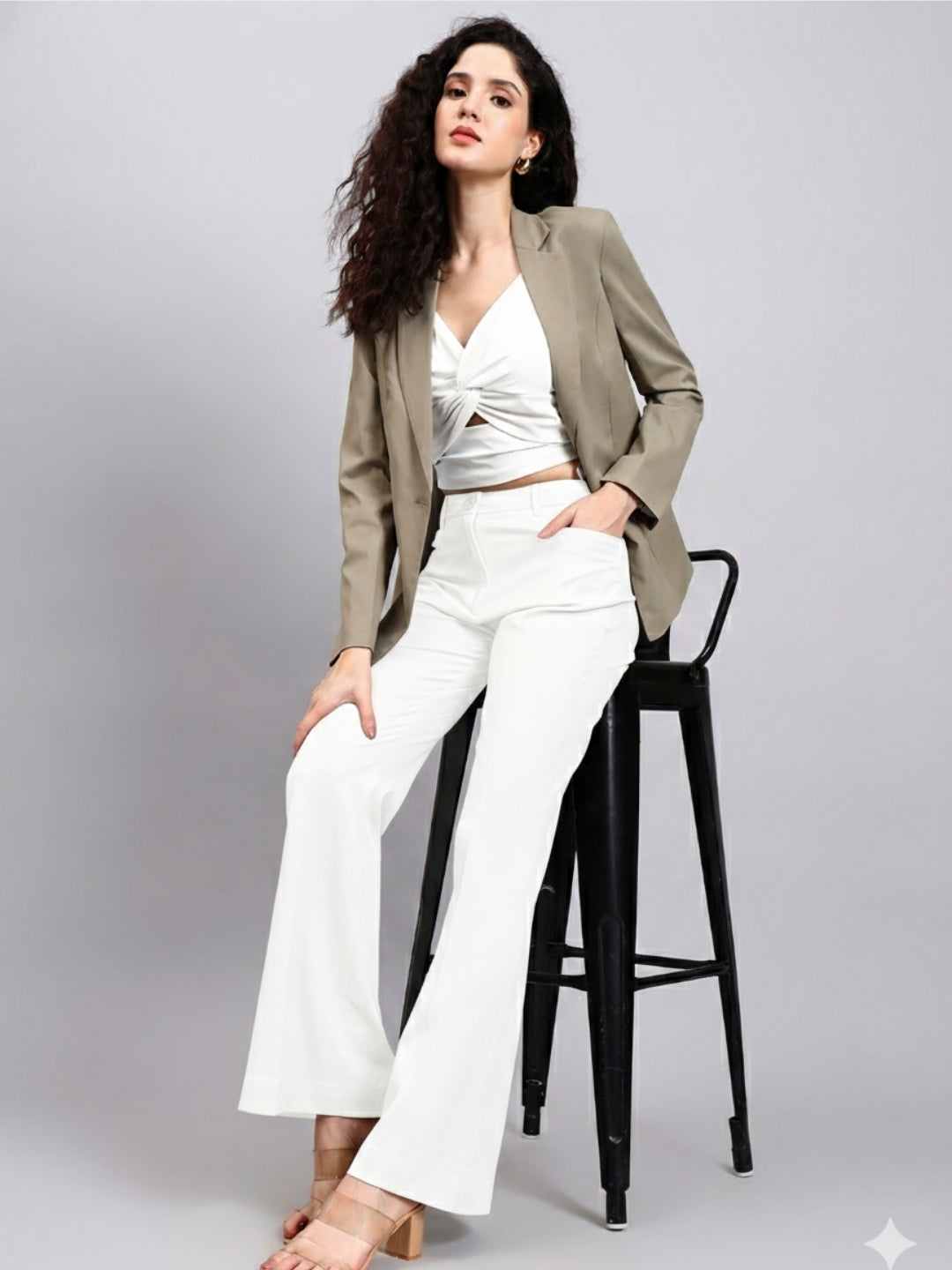 Women Green Notched Lapel Blazer