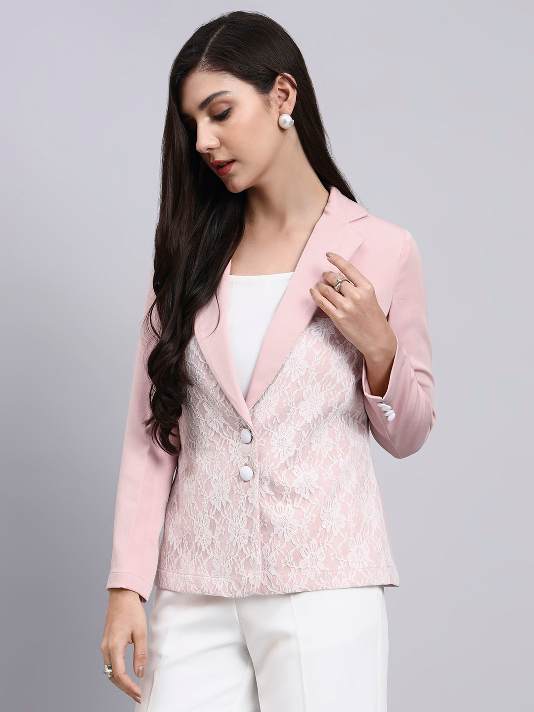 Women Baby Pink Lace Panel Detail Formal Blazer