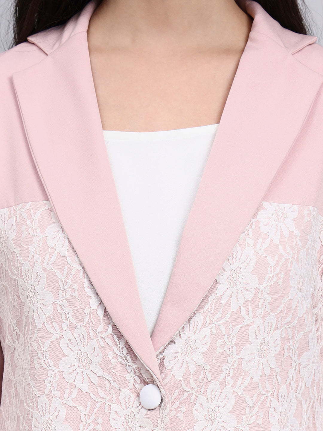 Women Baby Pink Lace Panel Detail Formal Blazer