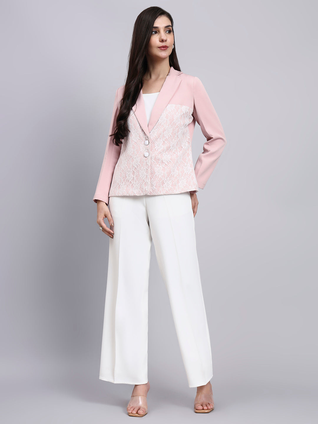 Women Baby Pink Blazer with Lace Panel Detail