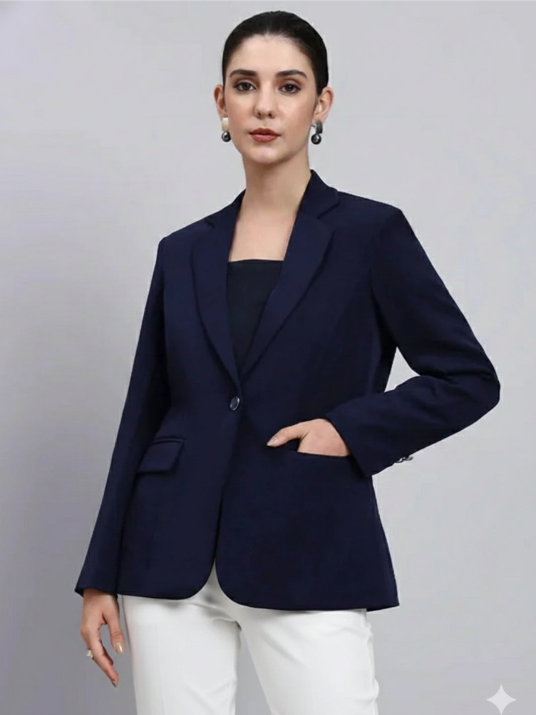 Women Navy Blue Notched Lapel Blazer