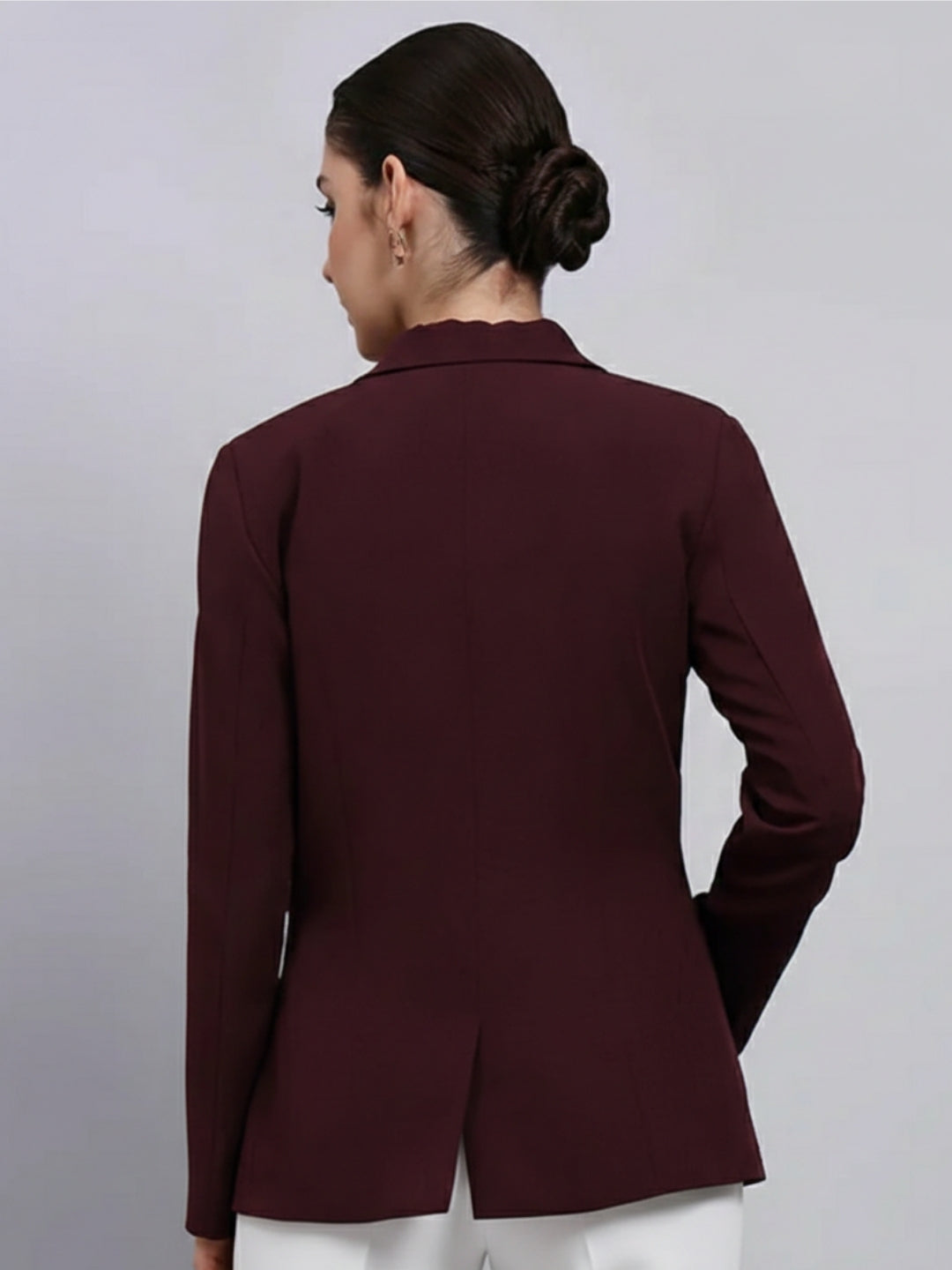 Women Burgundy Notched Lapel Blazer