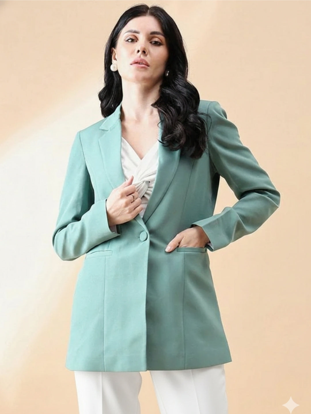 Women Green Notched Lapel Blazer