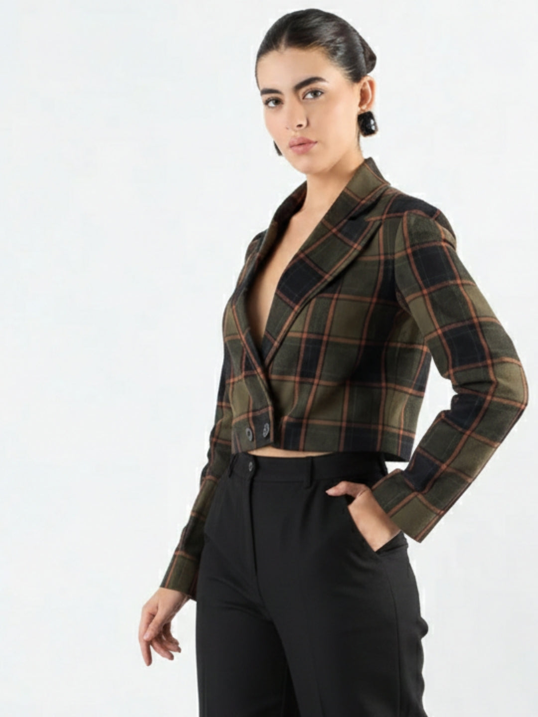 Women Green Checkered Warm Crop Blazer