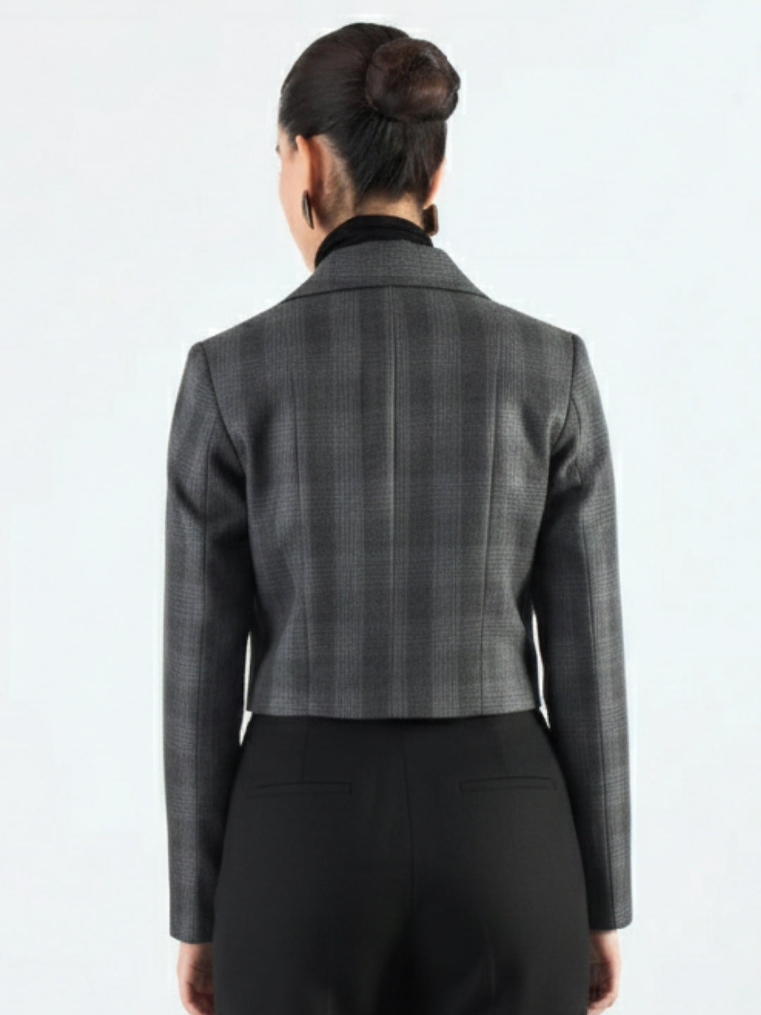 Women Grey Checkered Warm Crop Blazer
