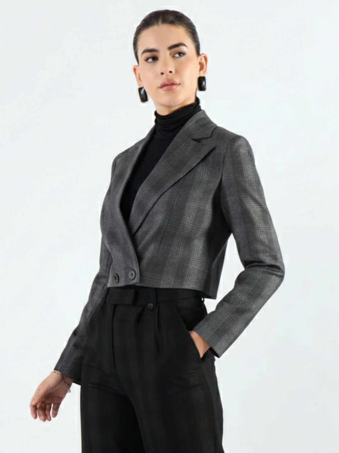 Women Grey Checkered Warm Crop Blazer