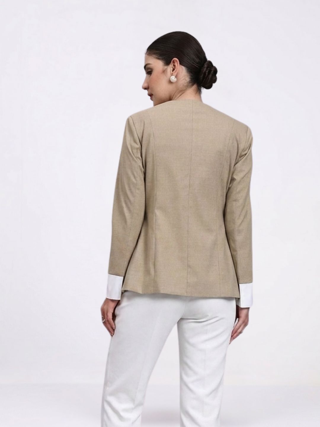 Women Beige Contrast Trim Formal Blazer