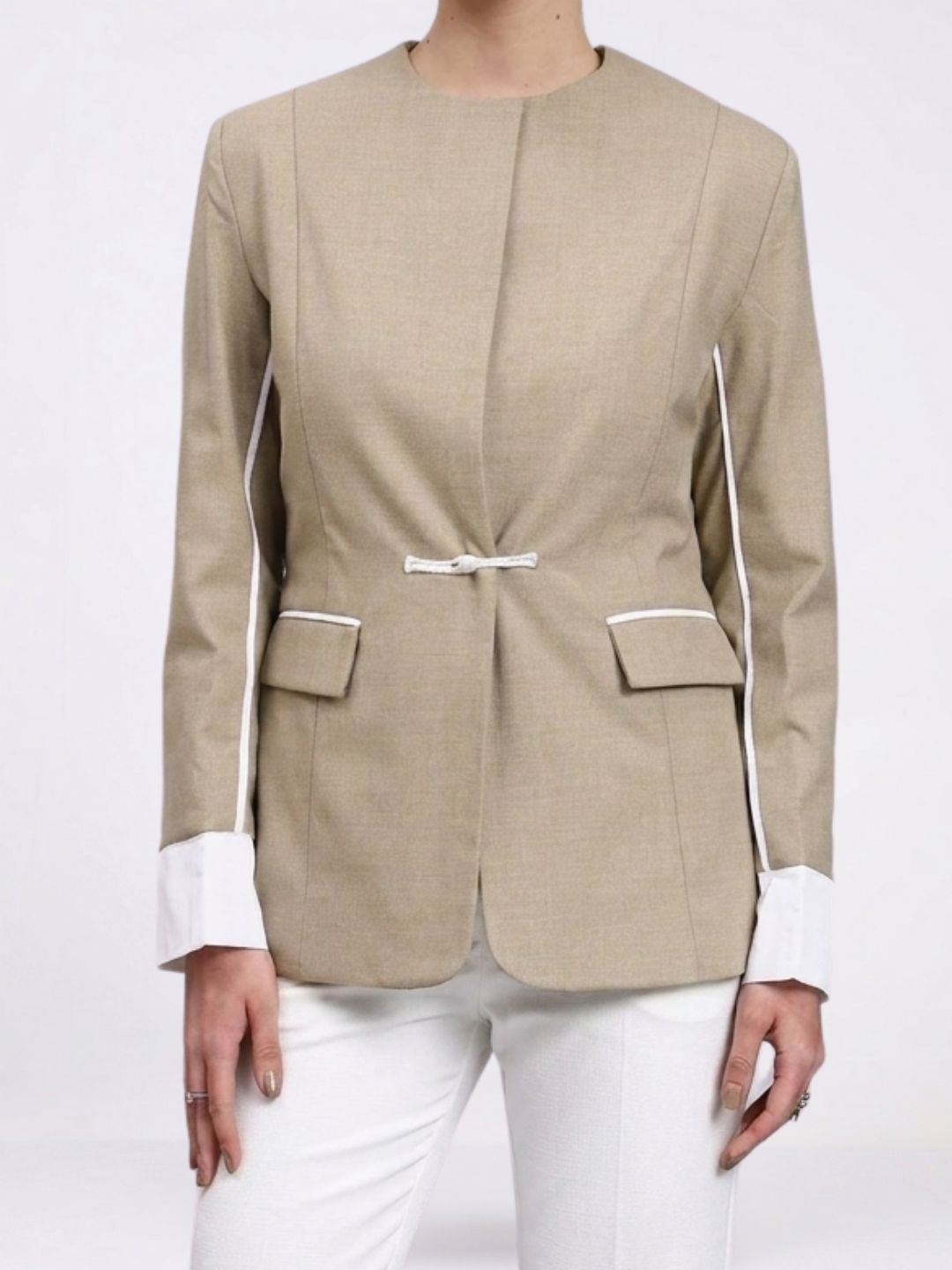 Women Beige Contrast Trim Formal Blazer