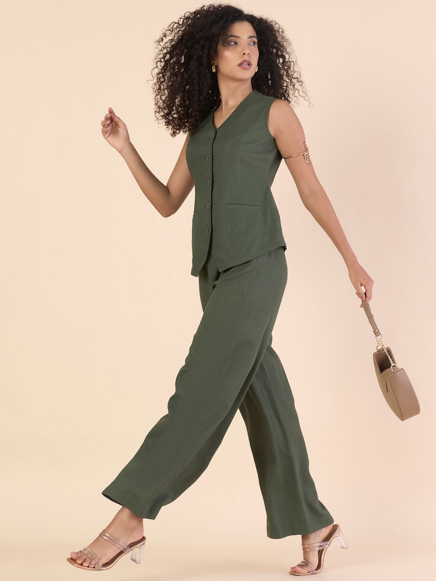 Olive Viscose-linen V-neck sleeveless vest With Straight fit co-ords
