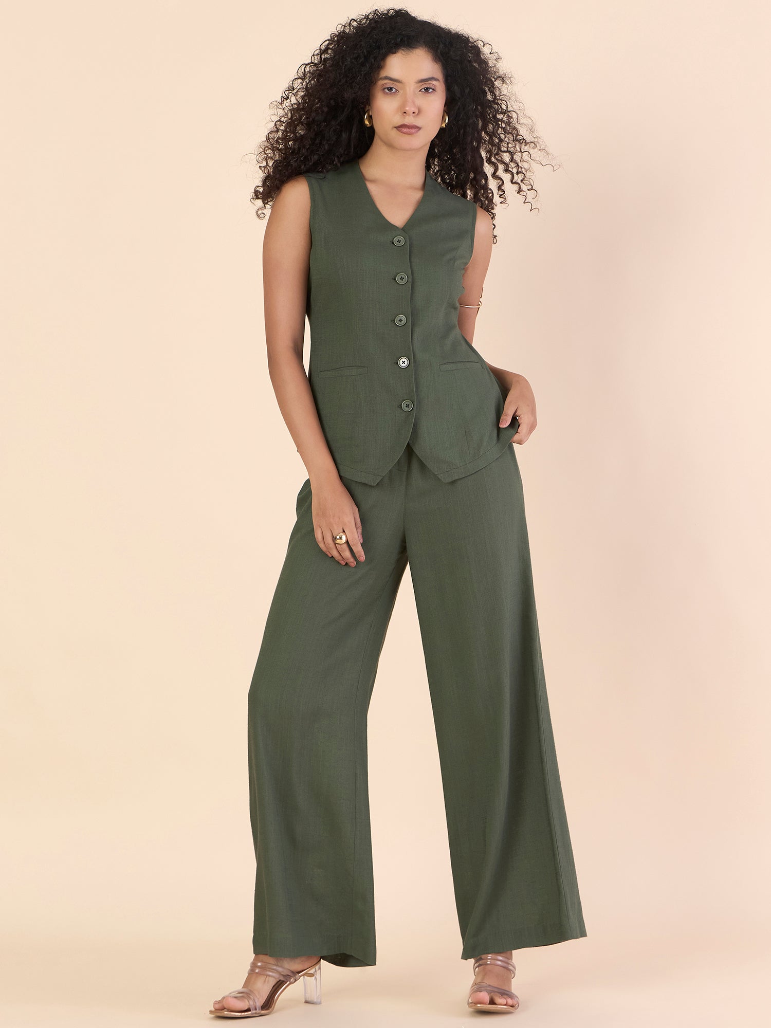 Olive Viscose-linen V-neck sleeveless vest With Straight fit co-ords