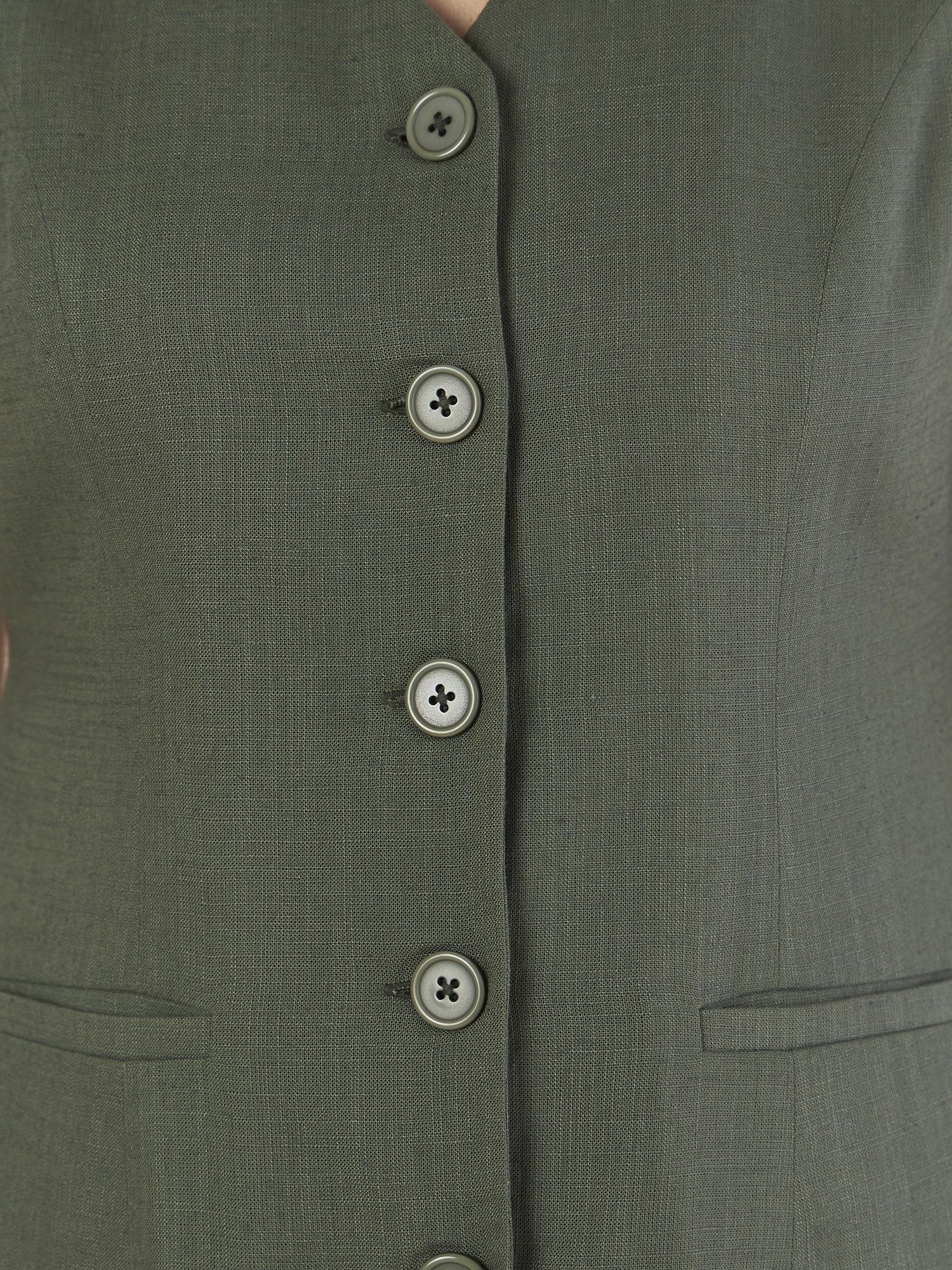 Olive Viscose-linen V-neck sleeveless vest With Straight fit co-ords