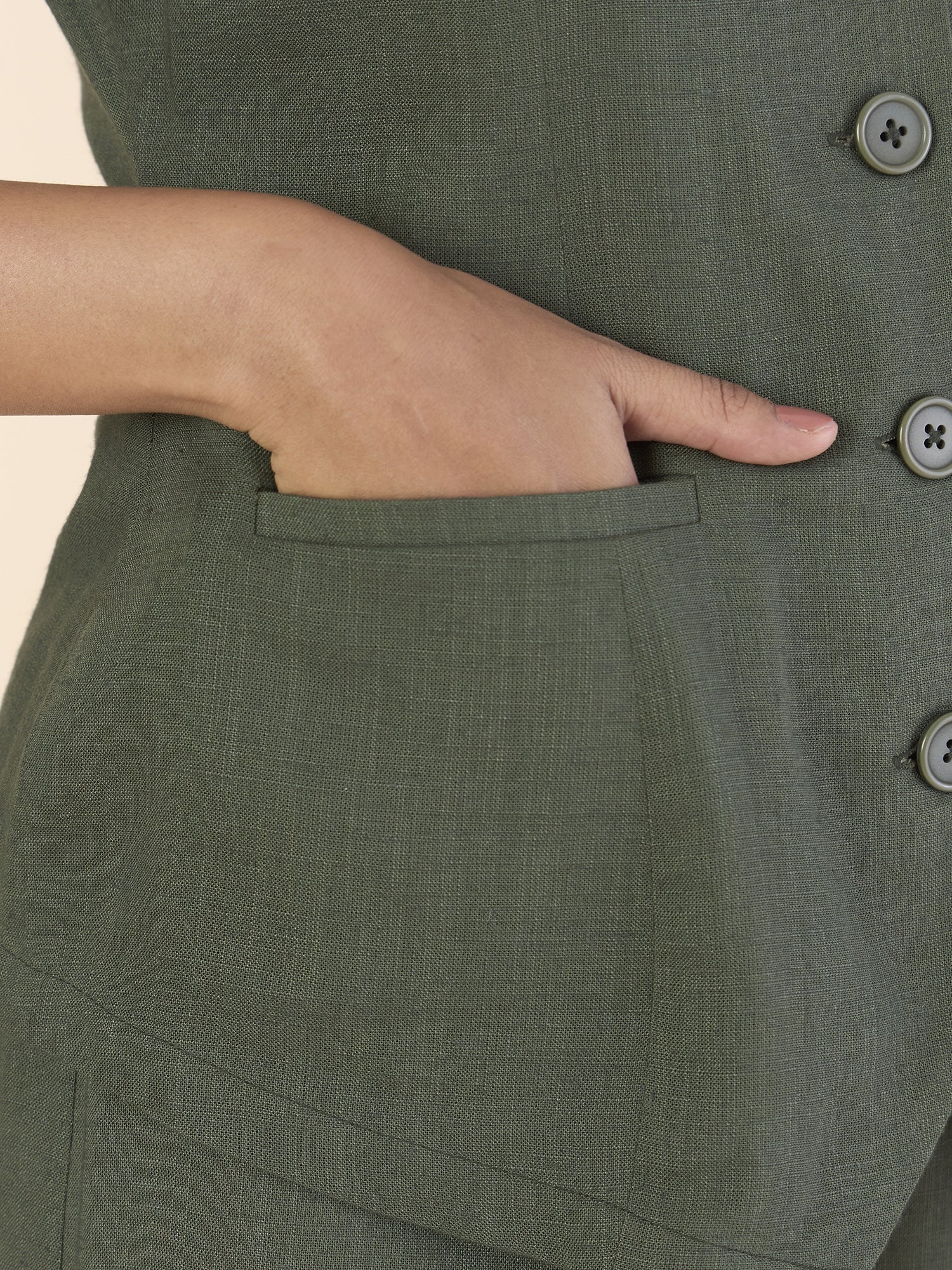 Olive Viscose-linen V-neck sleeveless vest With Straight fit co-ords